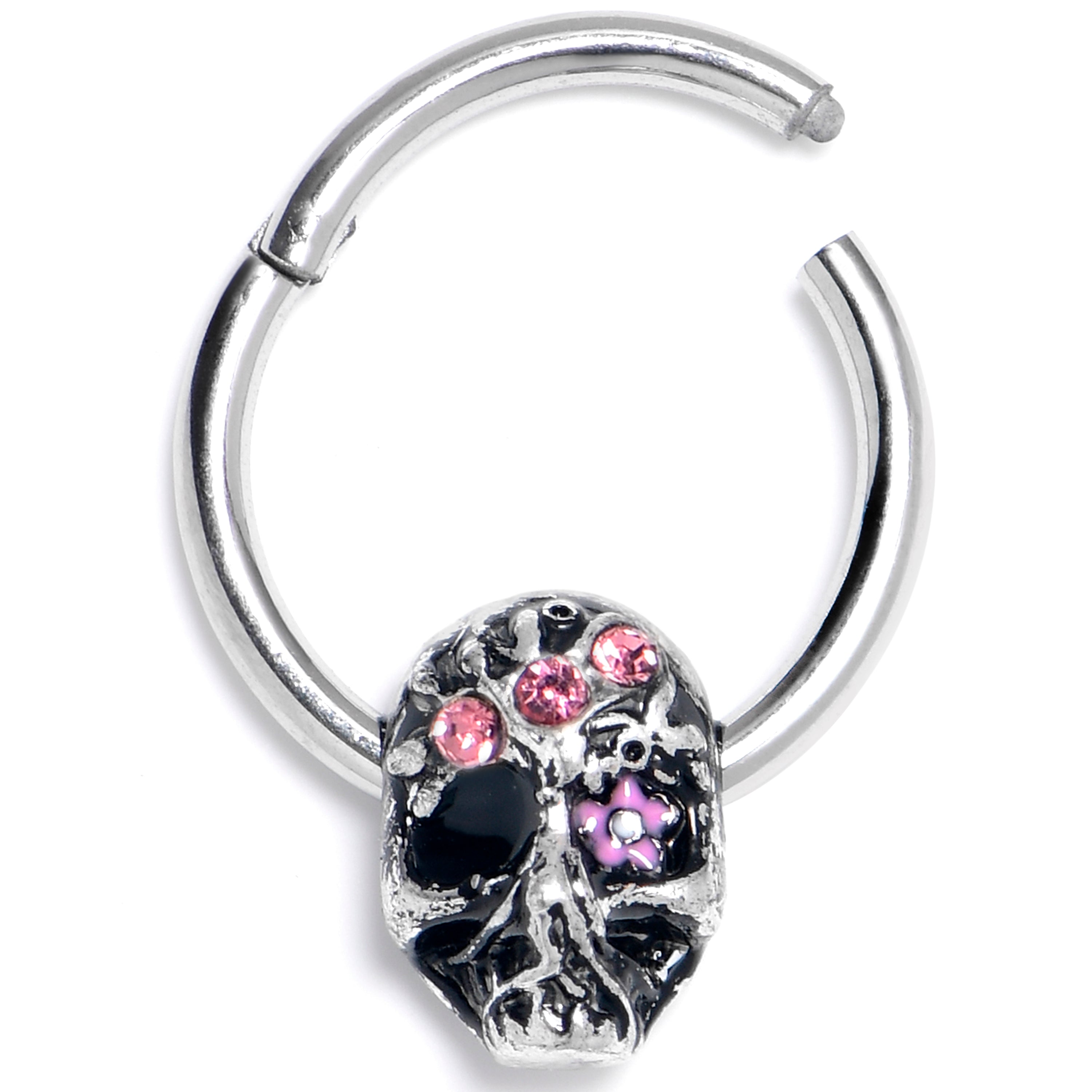 BodyCandy 16G 3/8 Pink Gem Stylish Skull Hinged Segment Ring — main product shot