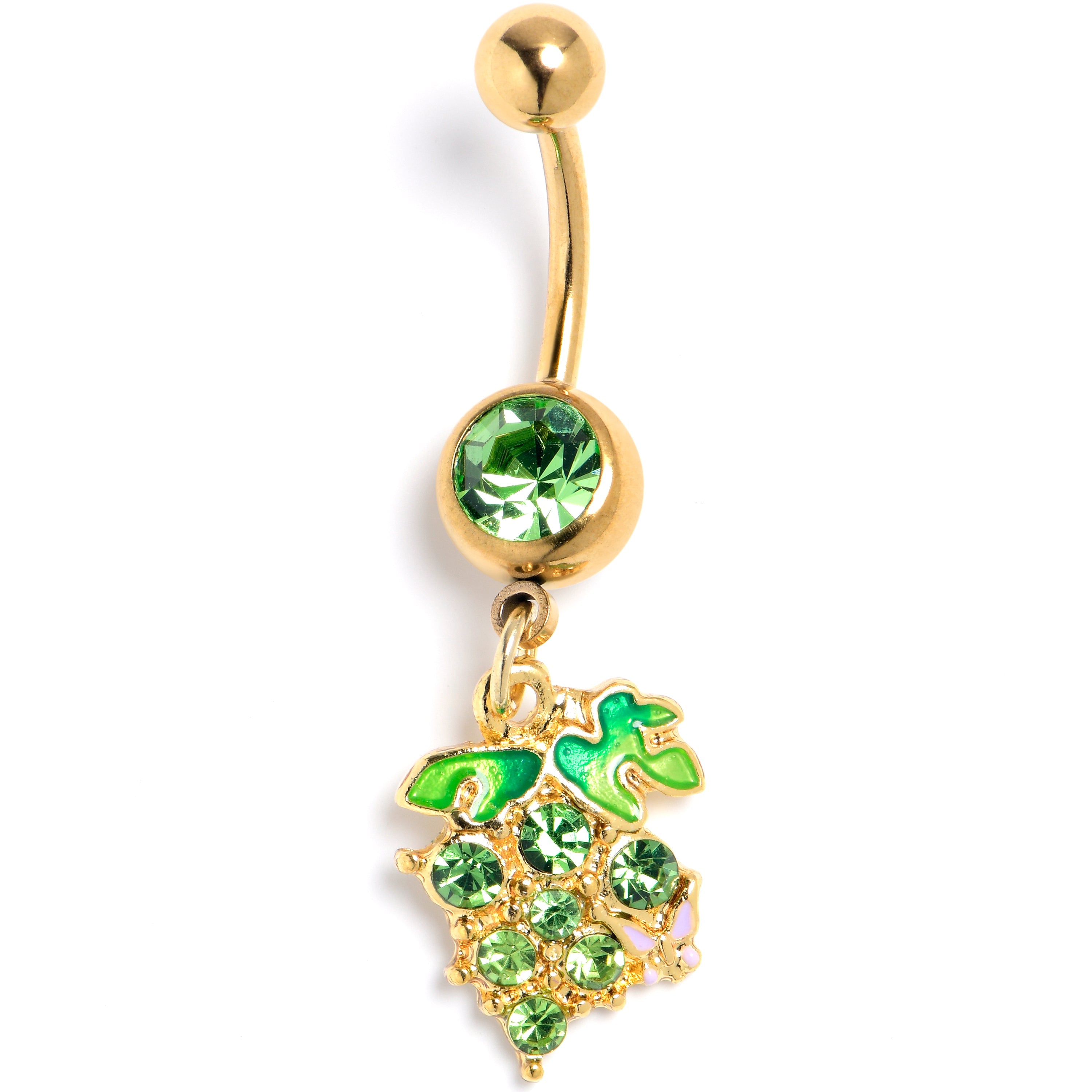 BodyCandy Green Gem Gold Tone Butterfly Grapes Dangle Belly Ring — main product shot