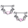 BodyCandy 14G 9/16 Pink Gem Heart Ribbon Dangle Nipple Ring Set — main product shot