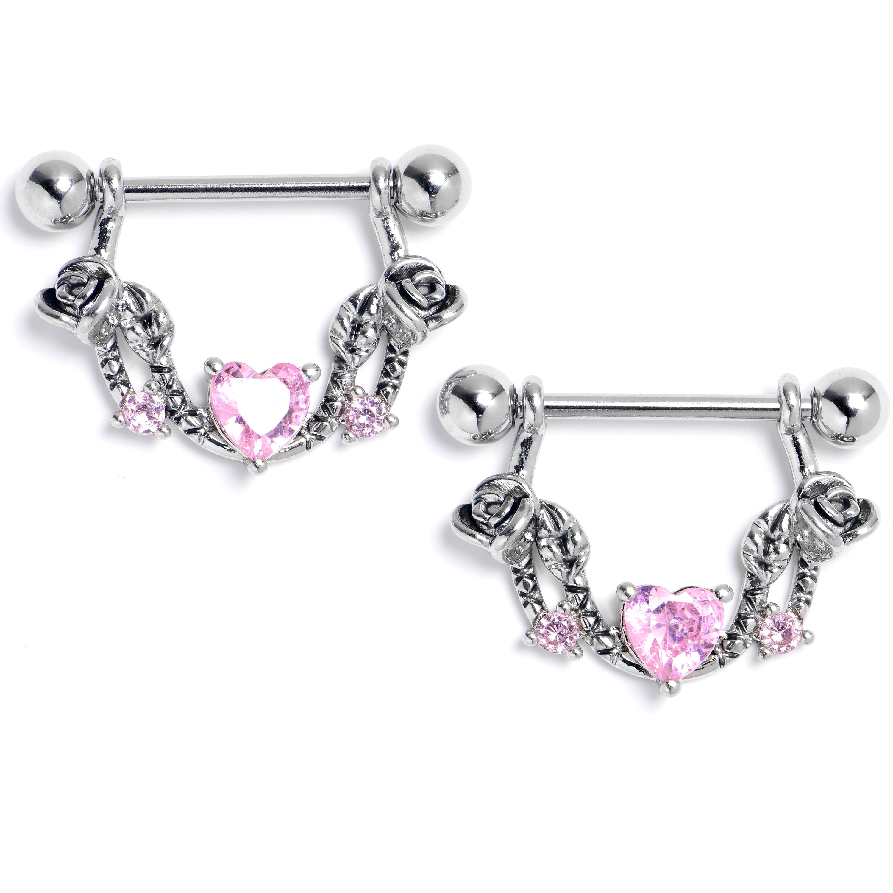 BodyCandy 14G 9/16 Pink Gem Heart Ribbon Dangle Nipple Ring Set — main product shot