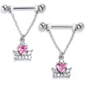 BodyCandy 14G 9/116 Clear Pink Gem Crown Heart Chain Dangle Nipple Ring Set — main product shot