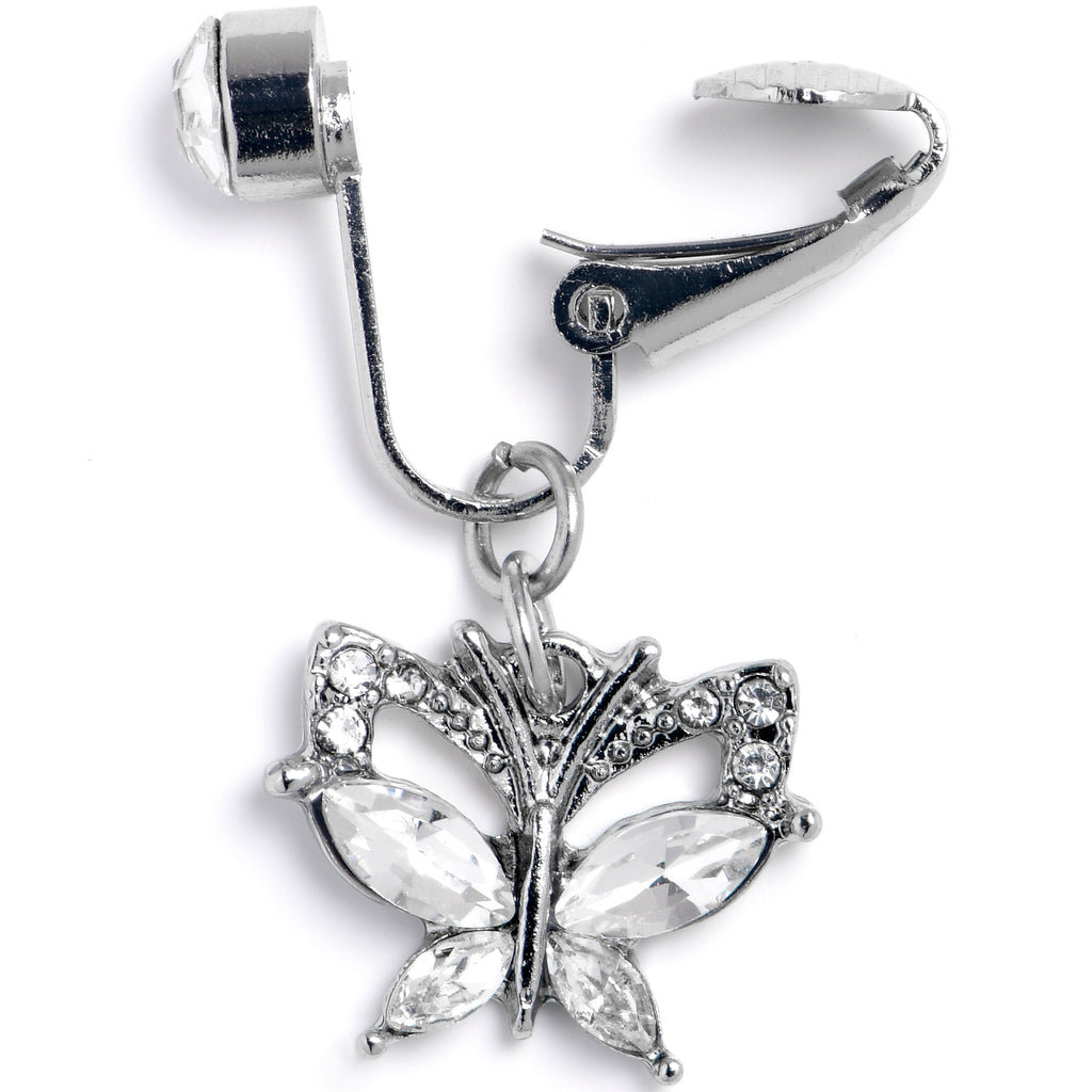 BodyCandy Clear CZ Gem Butterfly Bling Dangle Clip on Fake Belly Ring — detail close-up