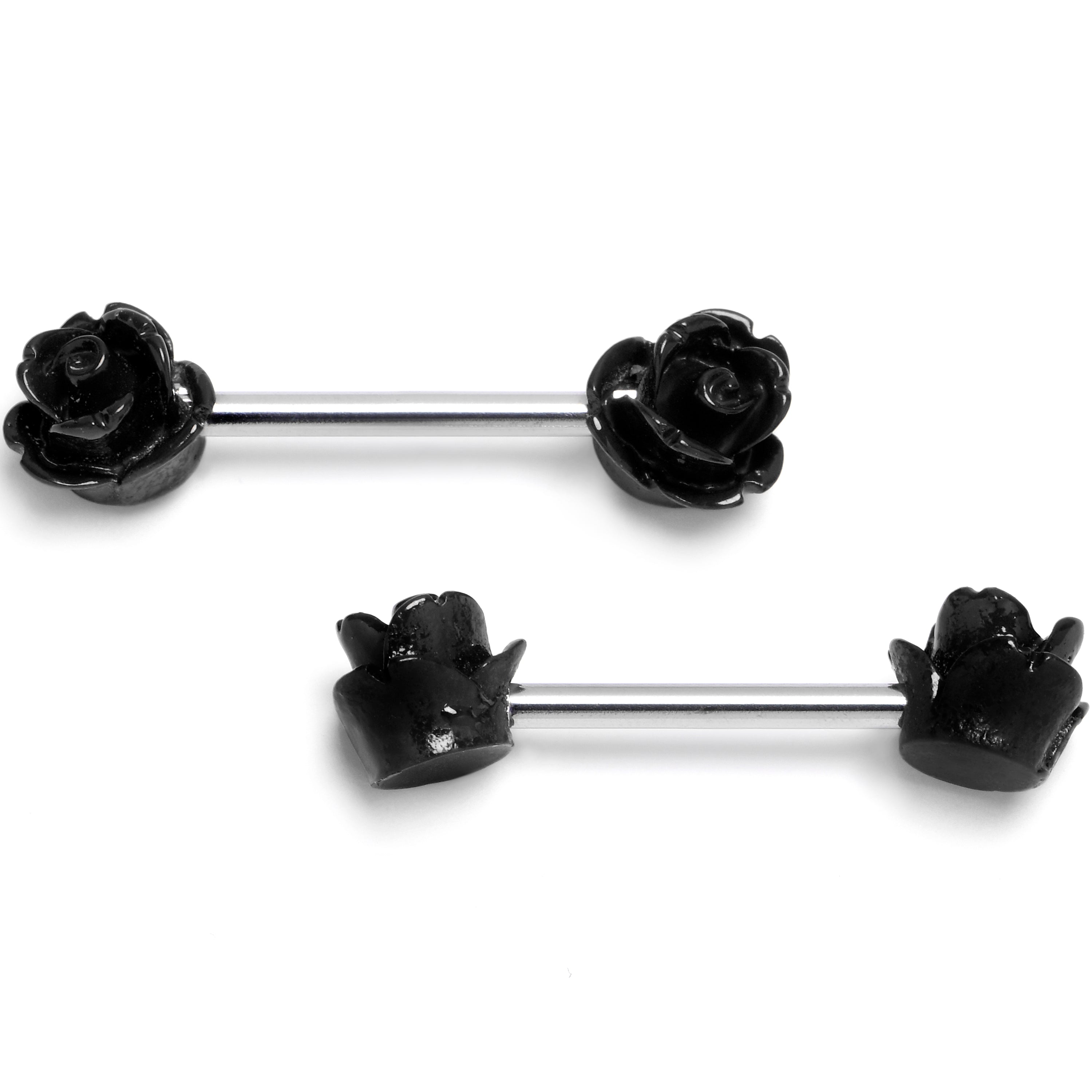 BodyCandy 14G 1/2 Open Bloom Rose Black Barbell Nipple Ring Set — main product shot