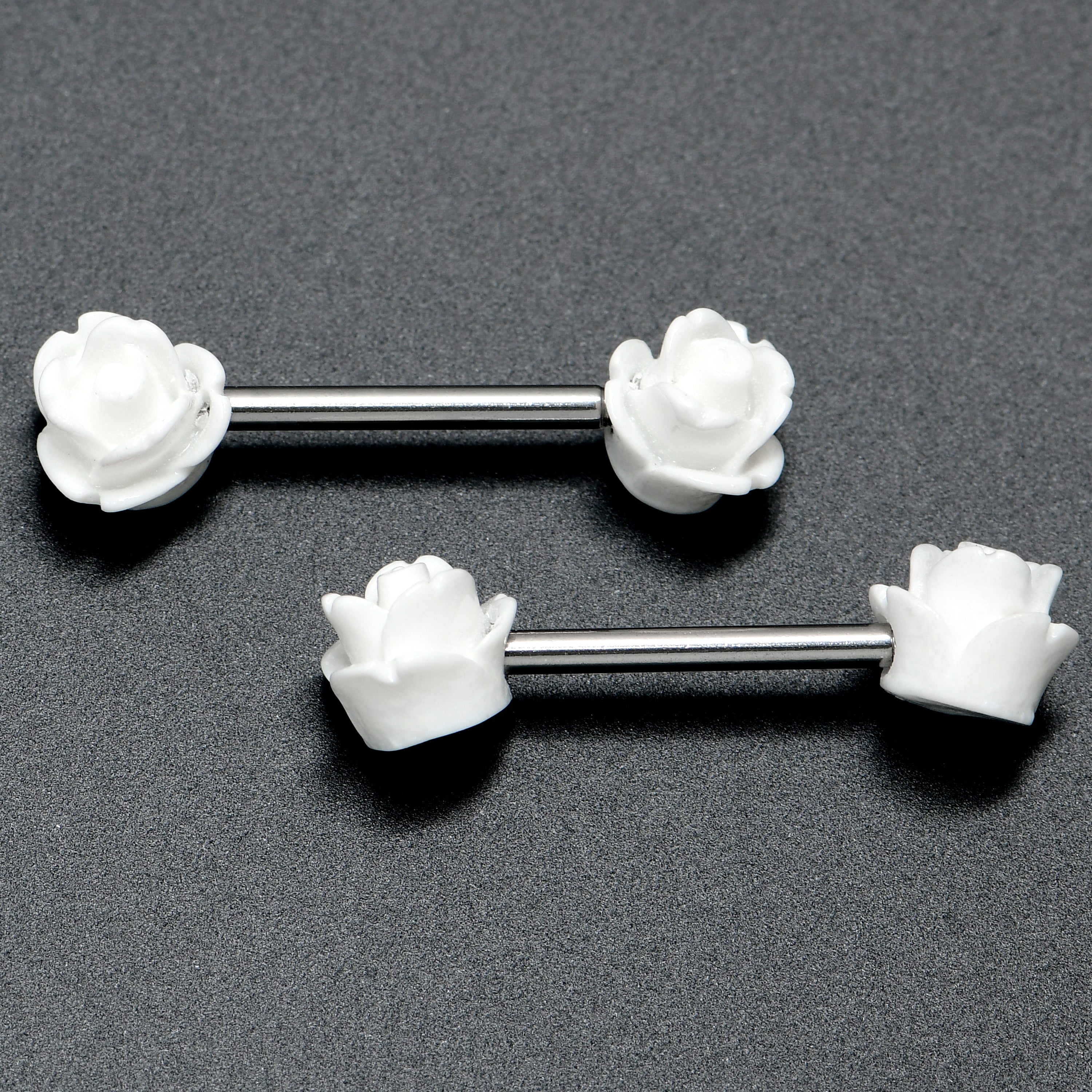 BodyCandy 14G 1/2 Open Bloom Rose White Barbell Nipple Ring Set — main product shot