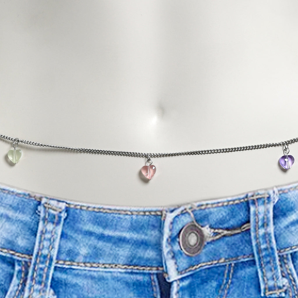 BodyCandy Pink Purple Gem Hearts Dangle Belly Chain — detail close-up
