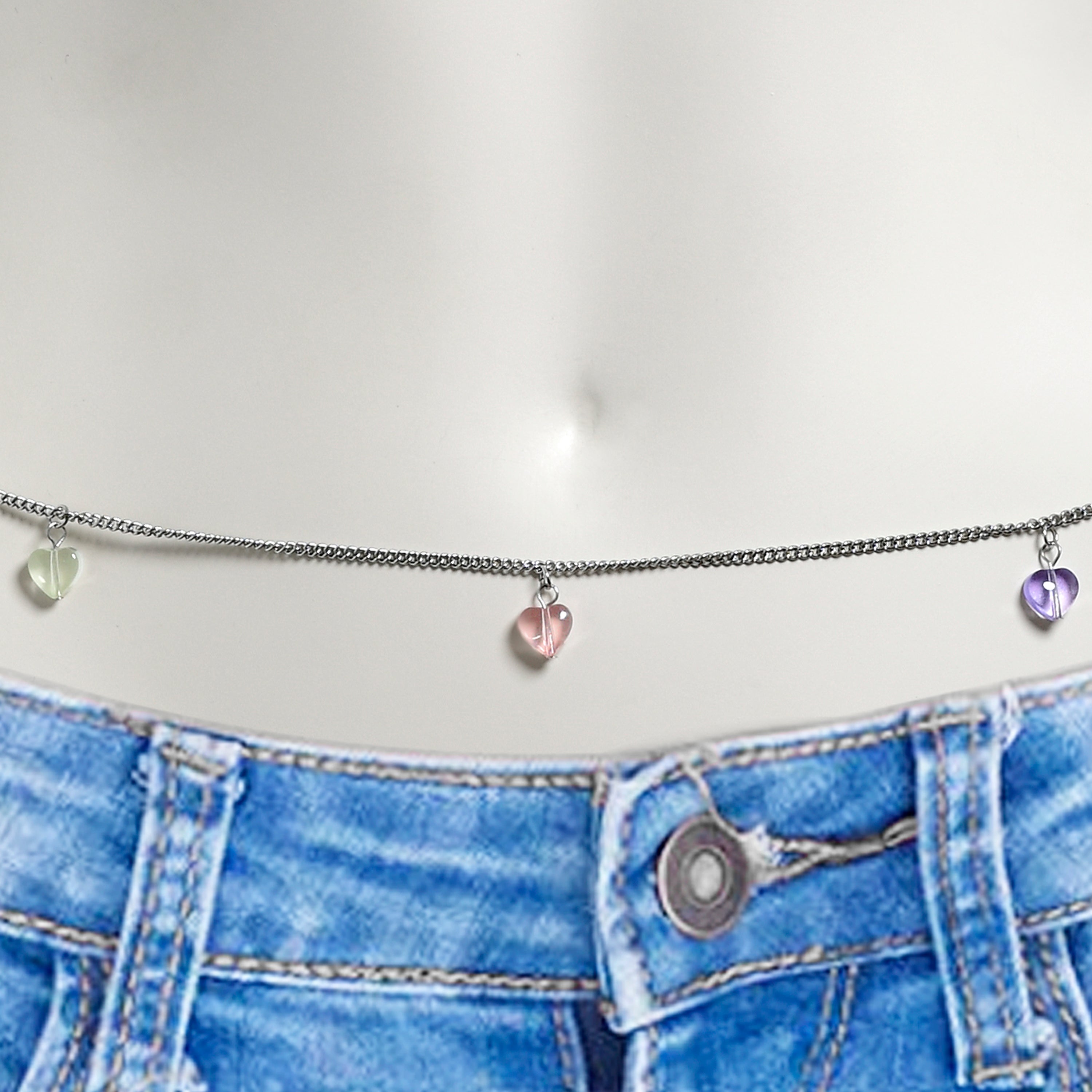 BodyCandy Pink Purple Gem Hearts Dangle Belly Chain — detail close-up