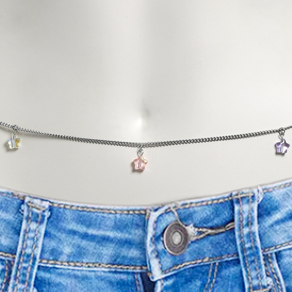 BodyCandy Pink Purple Gem Stars Dangle Belly Chain — detail close-up