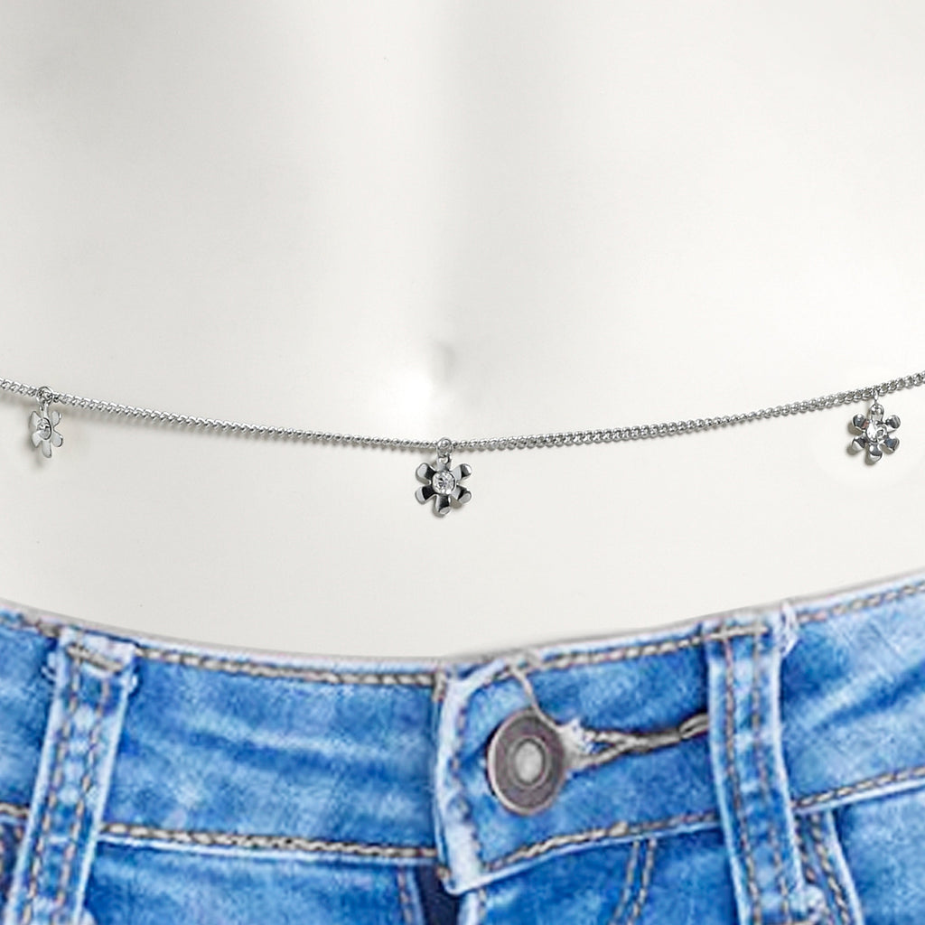 BodyCandy Clear Gem Simple Hippie Flower Dangle Belly Chain — detail close-up
