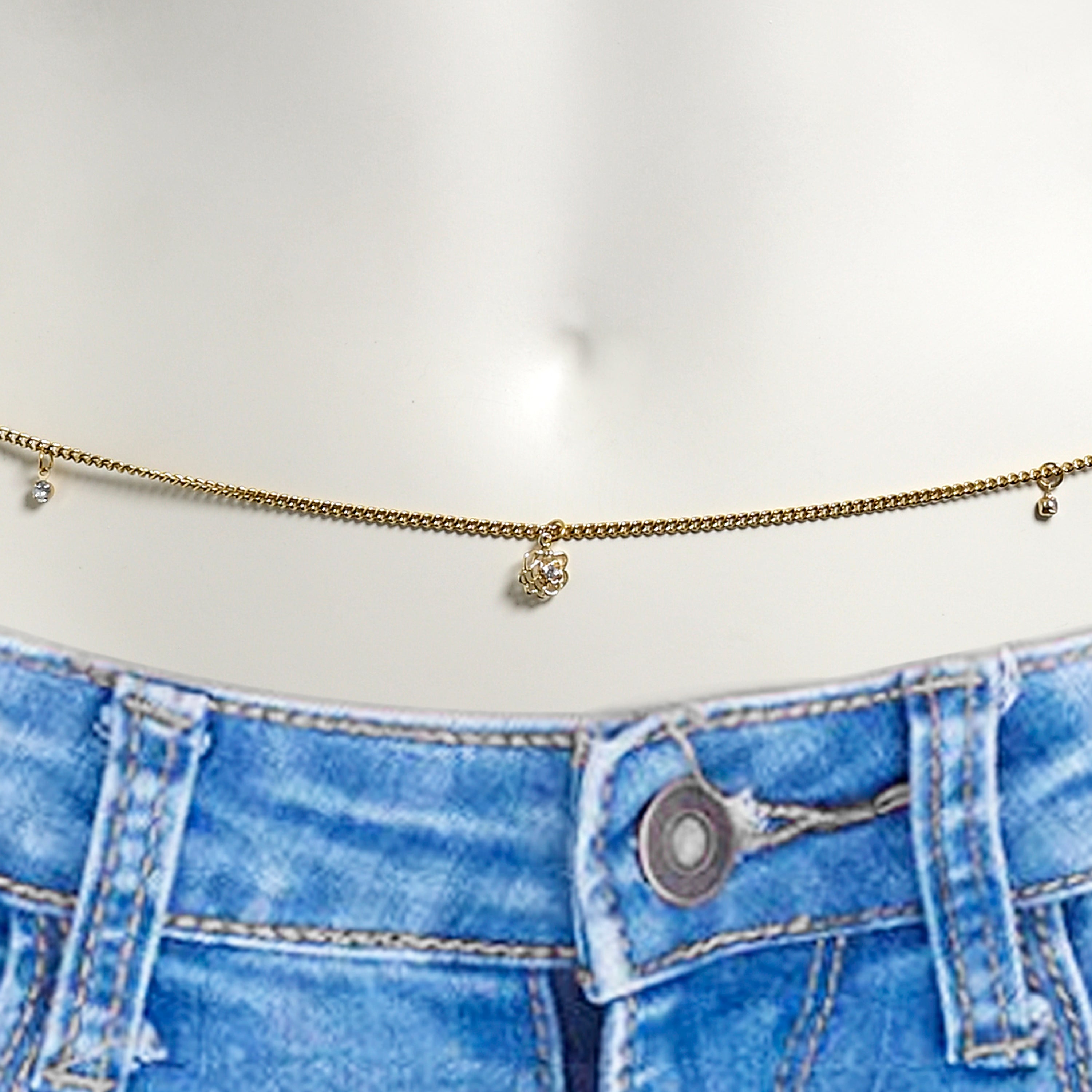 BodyCandy Gold Tone Style In Motion Dangle Belly Chain — detail close-up