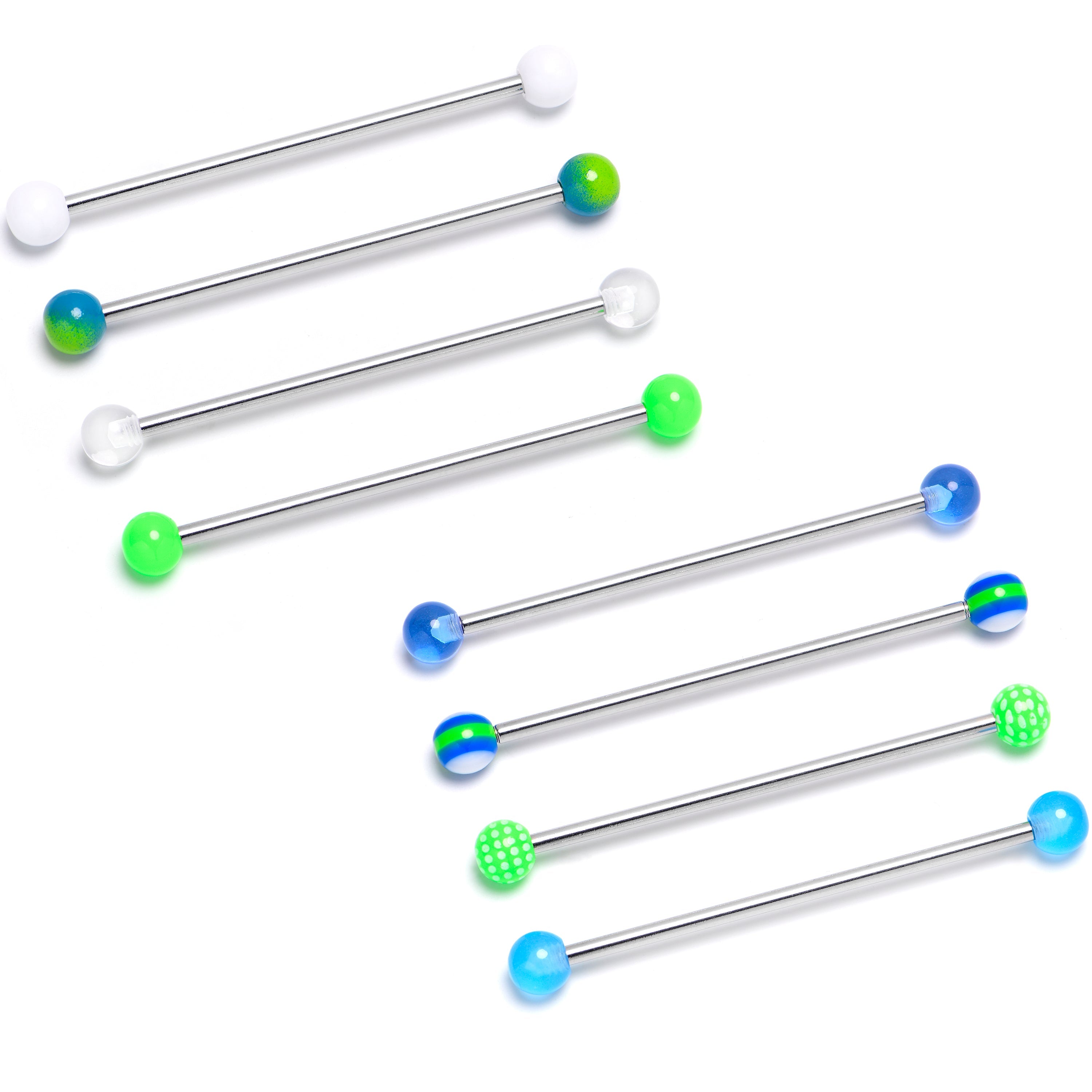 BodyCandy 14G Blues Greens White Industrial Barbell 38mm Set of 8 — main product shot