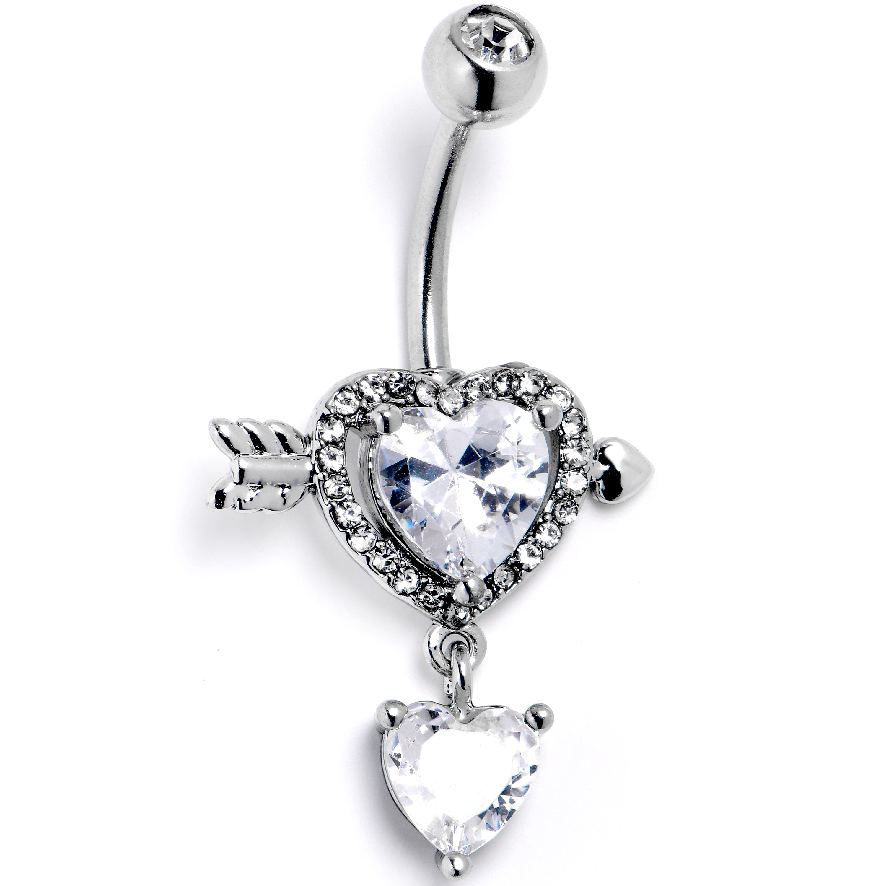 BodyCandy Clear CZ Gem Fusion of Love Heart Arrow Dangle Belly Ring — main product shot