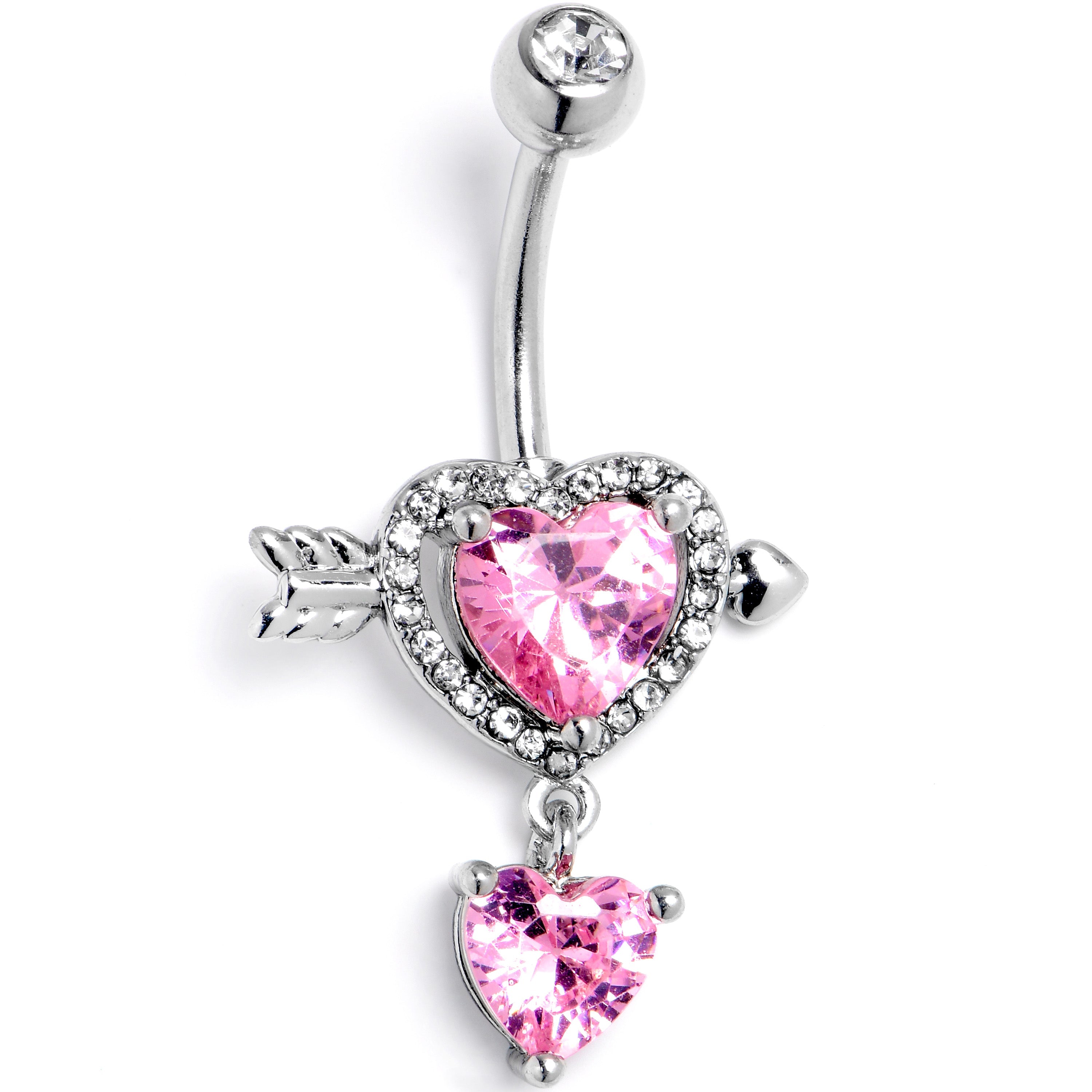 BodyCandy Pink Clear Gem Fusion of Love Heart Arrow Dangle Belly Ring — main product shot