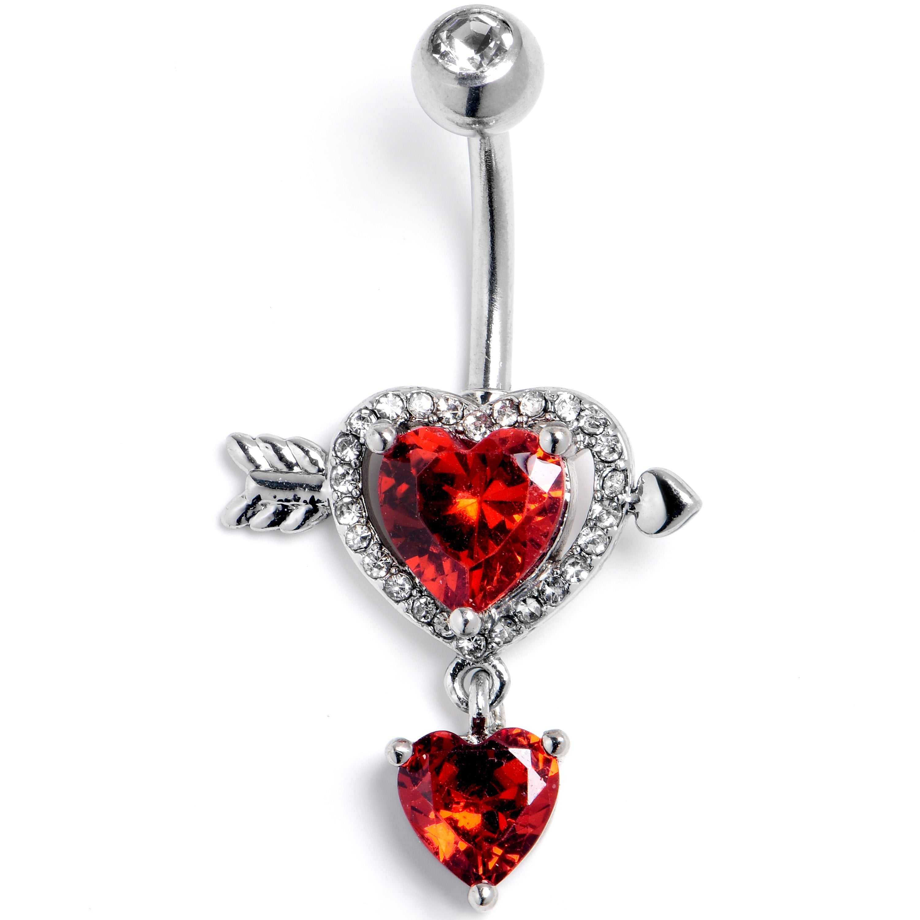 BodyCandy Red Clear CZ Gem Fusion of Love Arrow Heart Dangle Belly Ring — main product shot