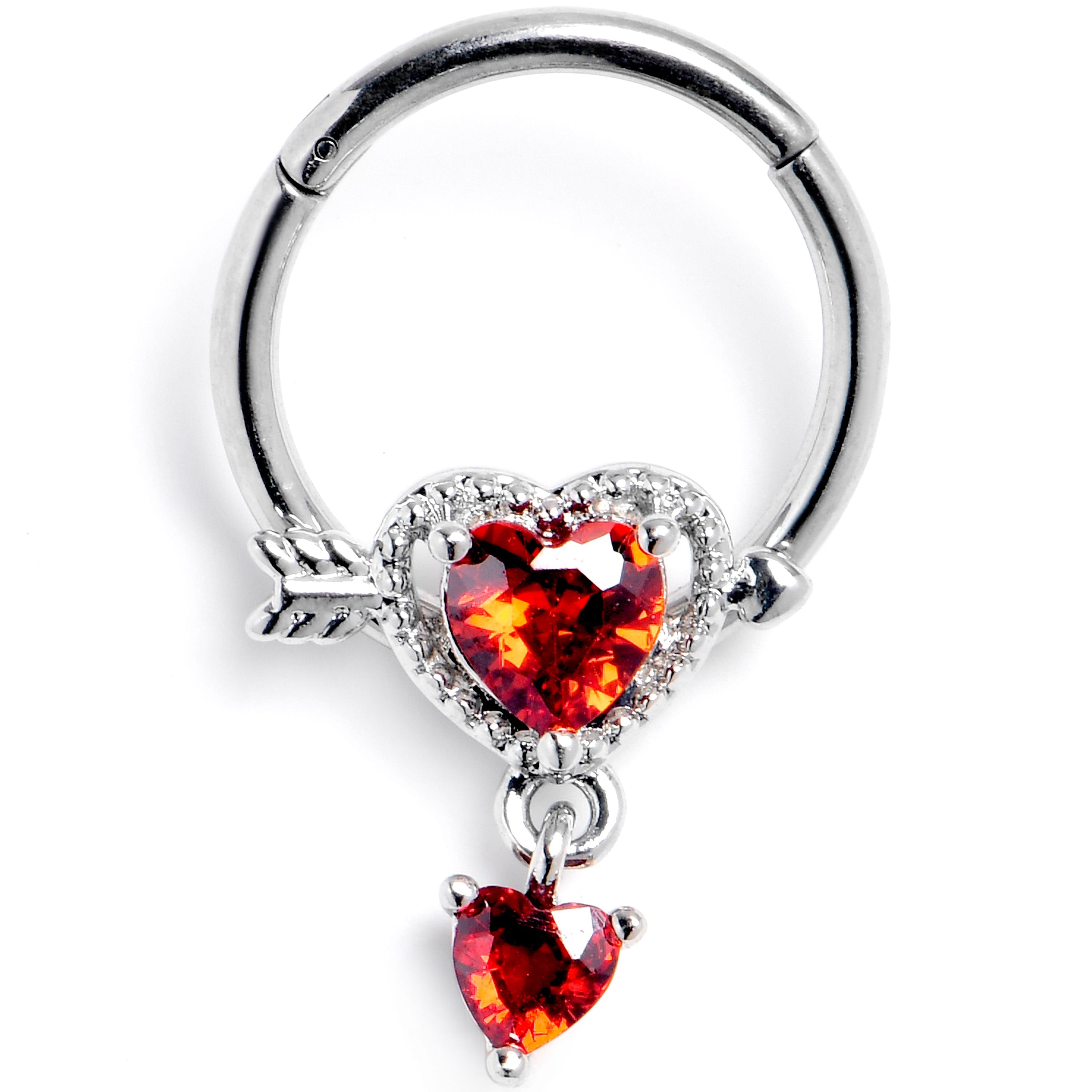 BodyCandy 16G 3/8 Red CZ Gem Fusion of Love Arrow Heart Hinged Segment Ring — main product shot