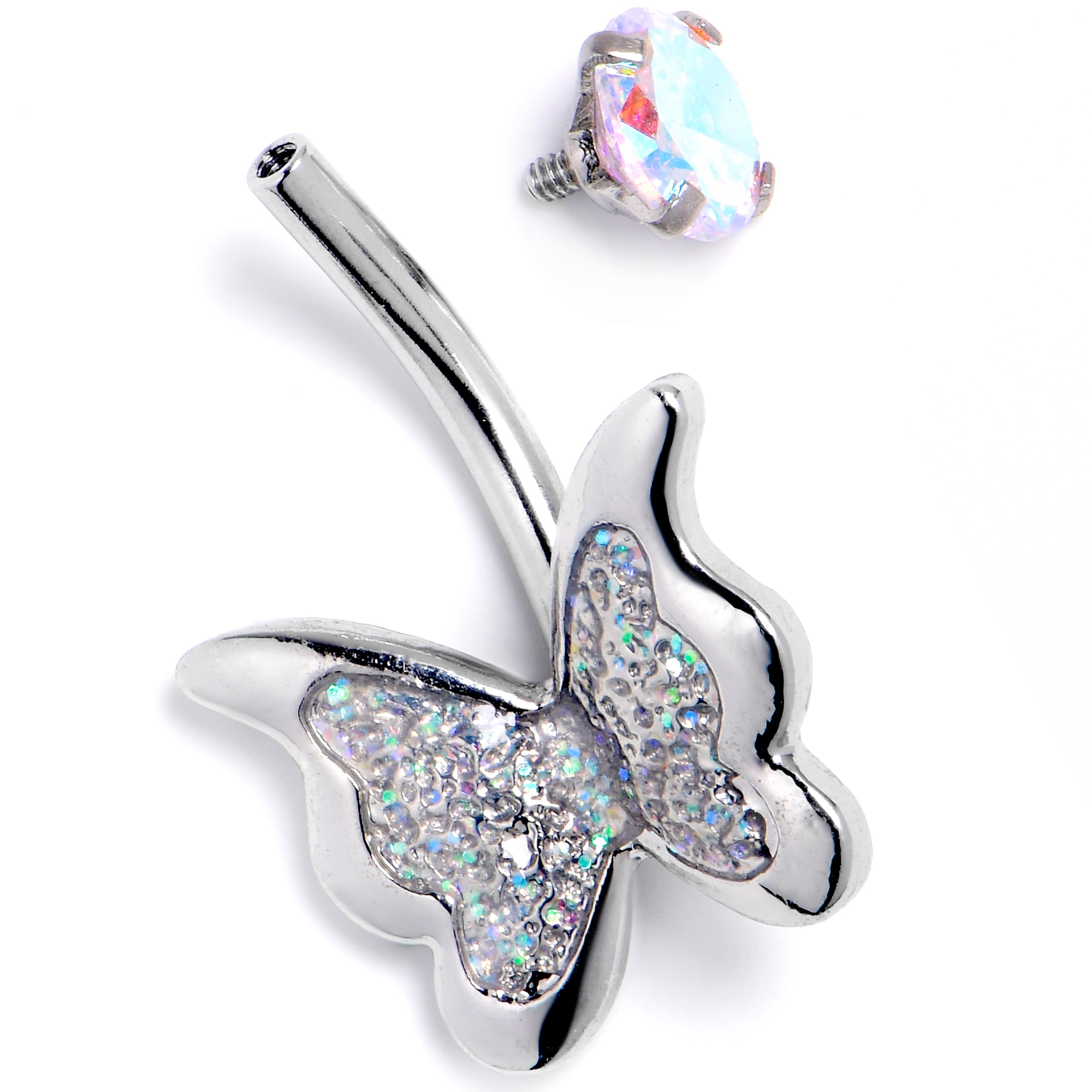 BodyCandy Aurora CZ Gem Fab Butterfly Internally Threaded Belly Ring — detail close-up