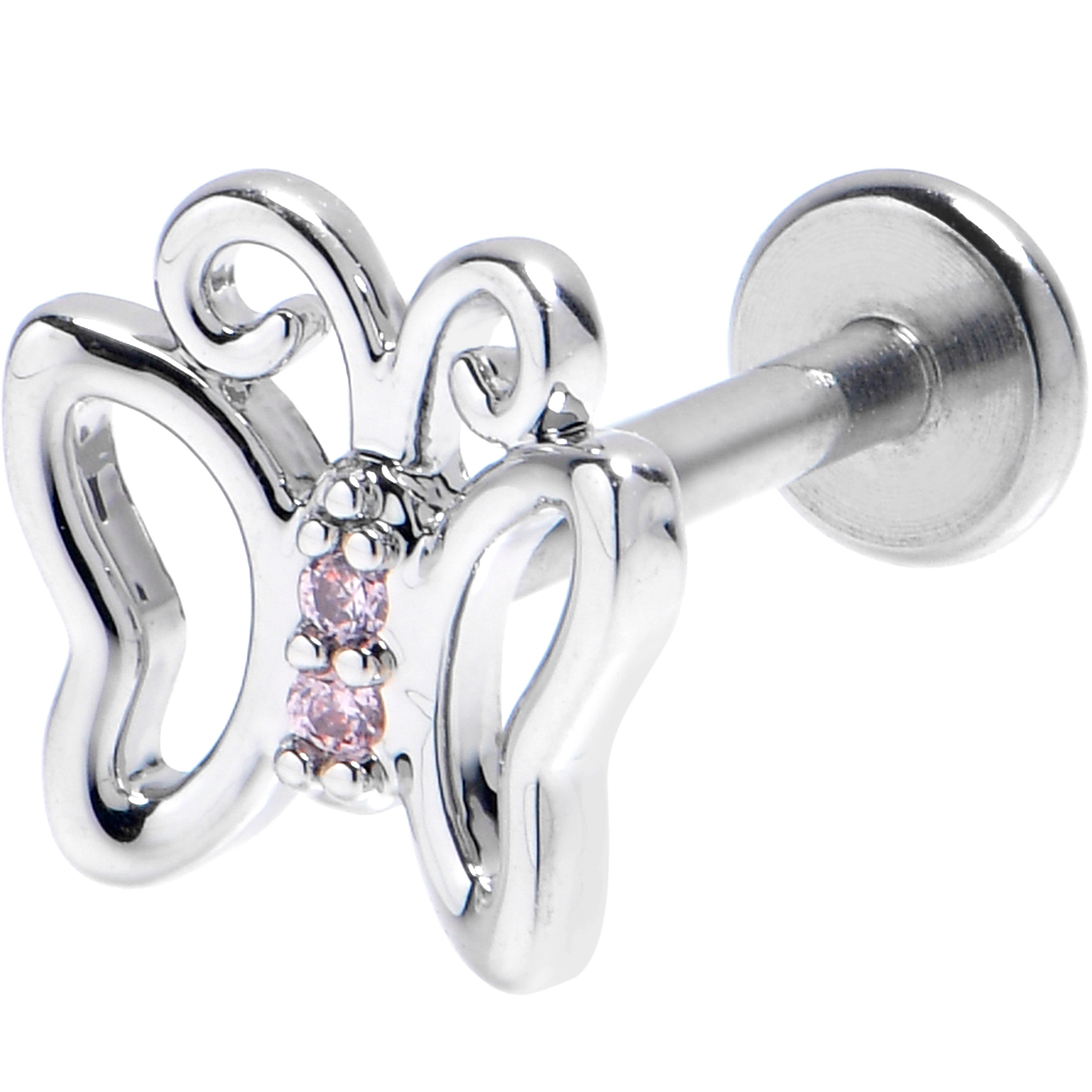 BodyCandy 16G 5/16 Pink CZ Gem Internally Threaded Open Butterfly Labret — main product shot