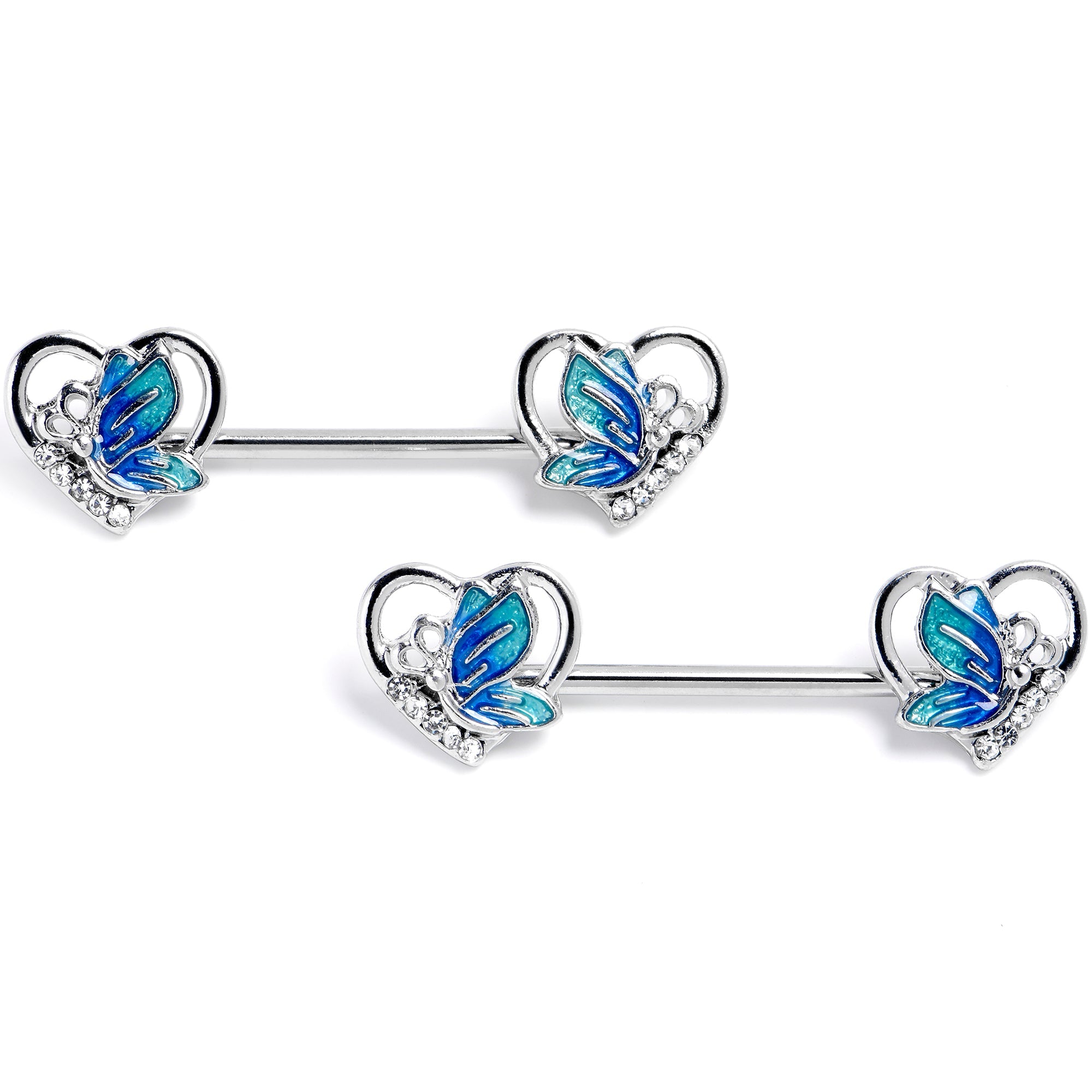 BodyCandy 14G 9/16 Clear Gem Butterfly Love Heart Blue Barbell Nipple Ring Set — main product shot