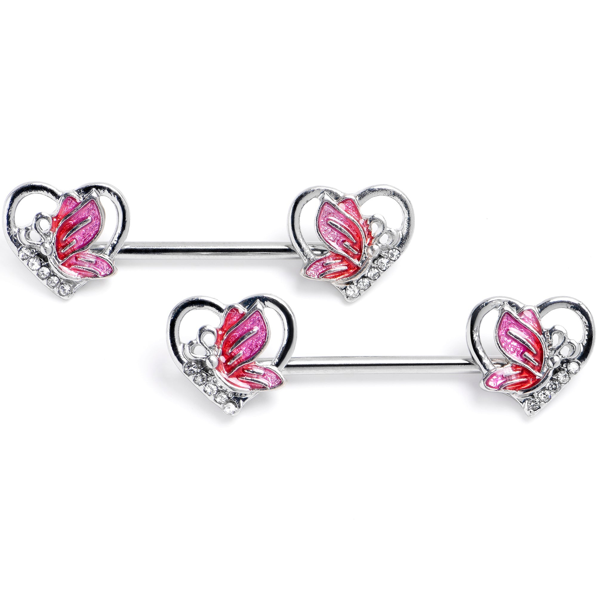 BodyCandy 14G 9/16 Clear Gem Butterfly Love Heart Pink Barbell Nipple Ring Set — main product shot