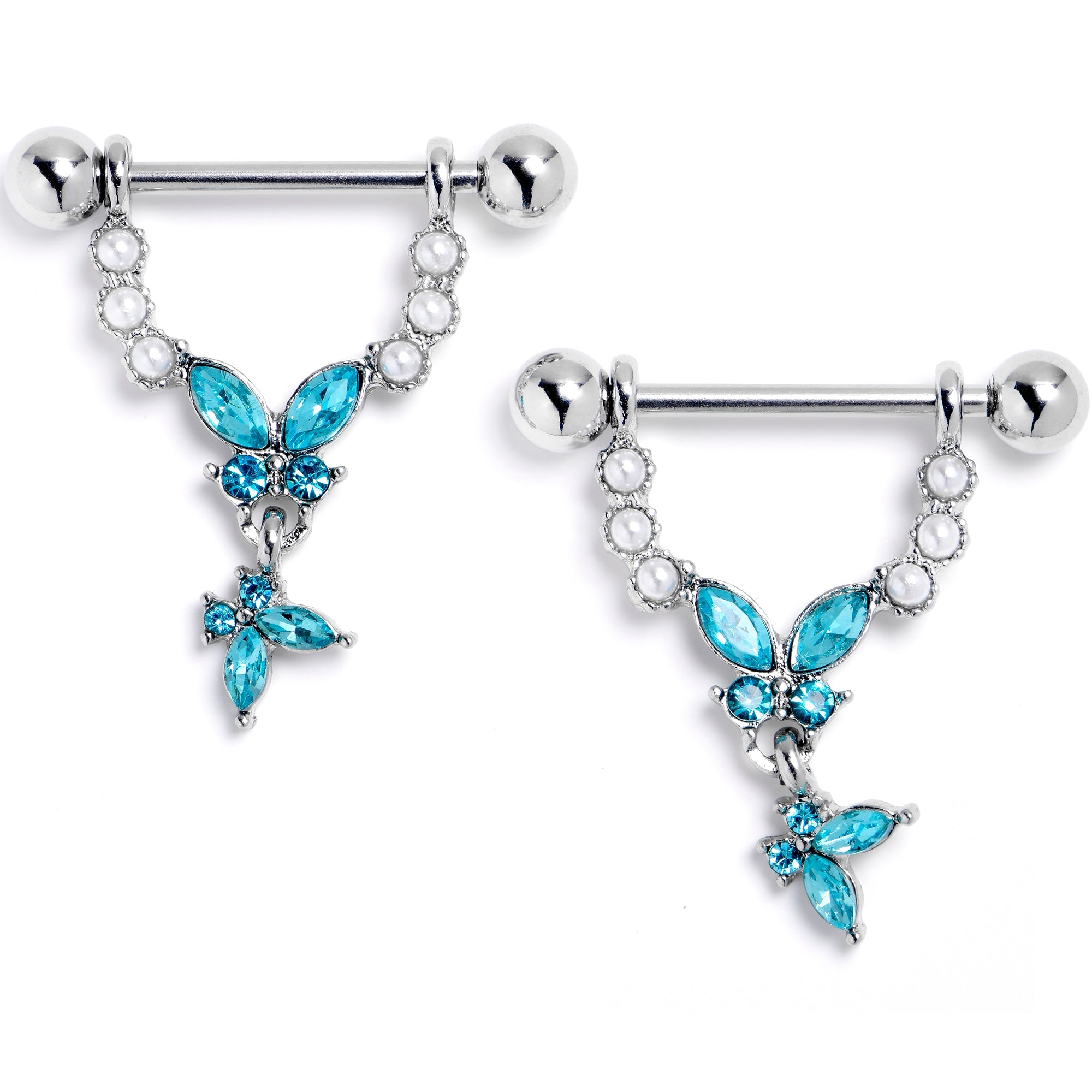 BodyCandy 14G 9/16 Blue Gem Double Butterfly Glam Dangle Nipple Ring Set — main product shot