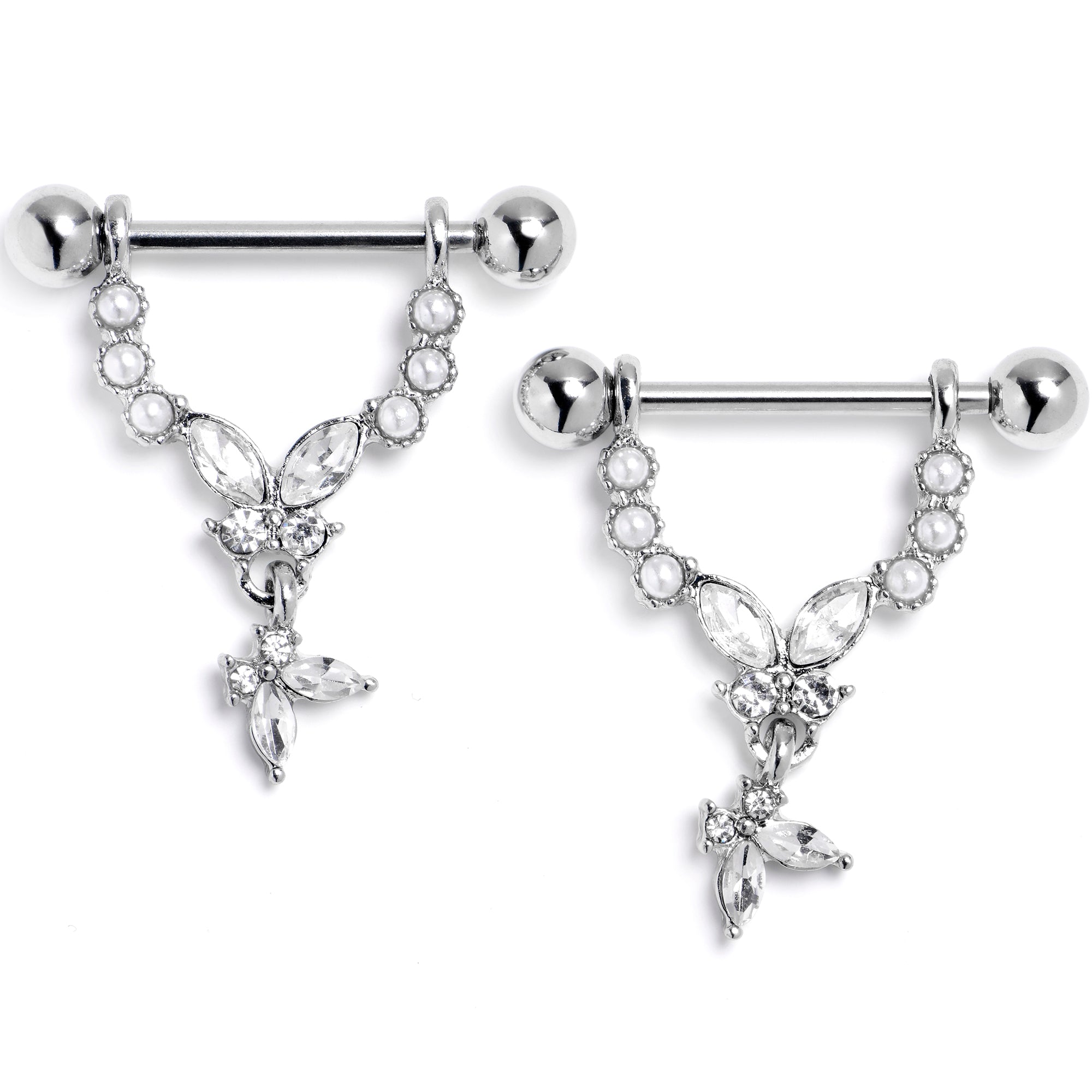 BodyCandy 14G 9/16 Clear Gem Double Butterfly Glam Dangle Nipple Ring Set — main product shot