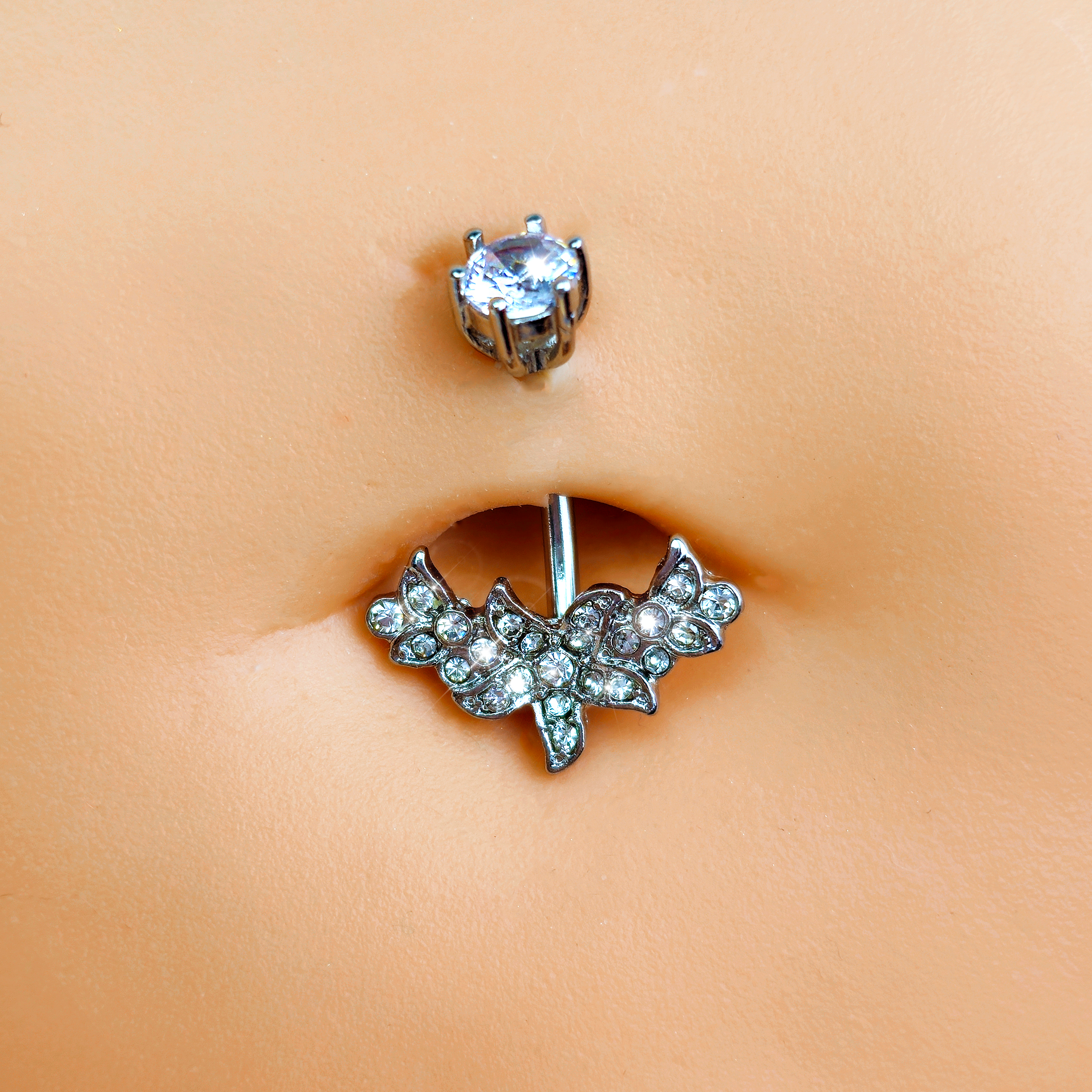 BodyCandy Clear CZ Gem Flower Garland Double Mount Belly Ring — detail close-up