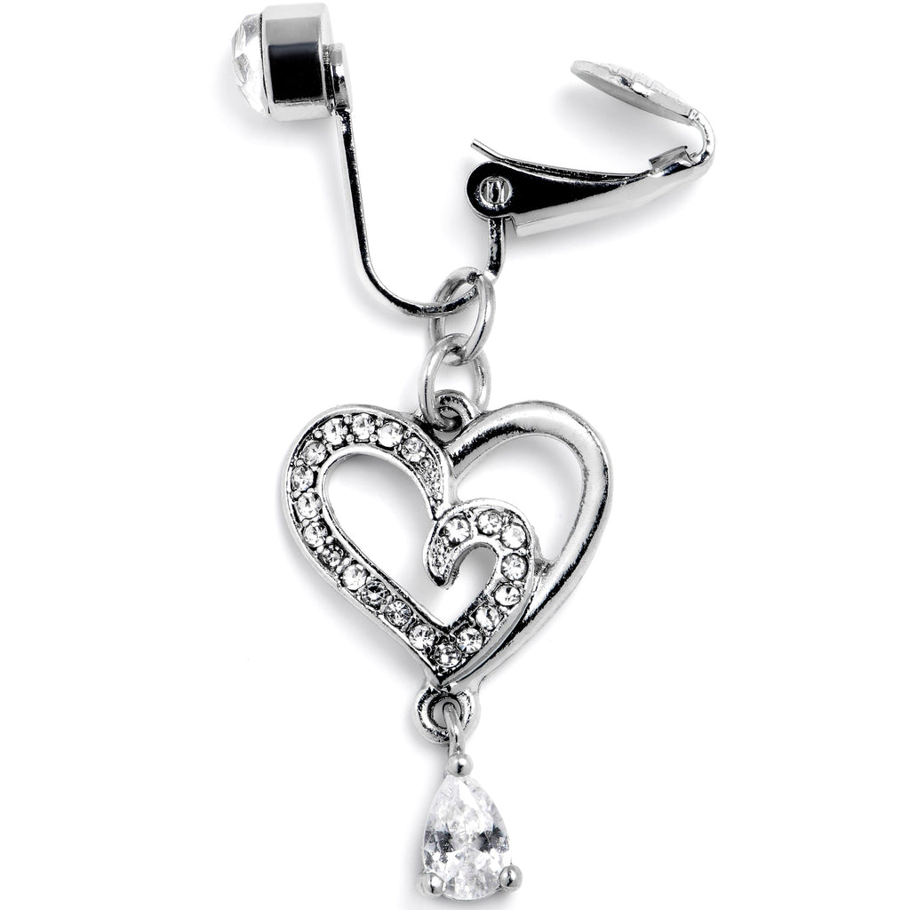 BodyCandy Clear CZ Gem Asymmetrical Heart Dangle Clip On Fake Belly Ring — detail close-up