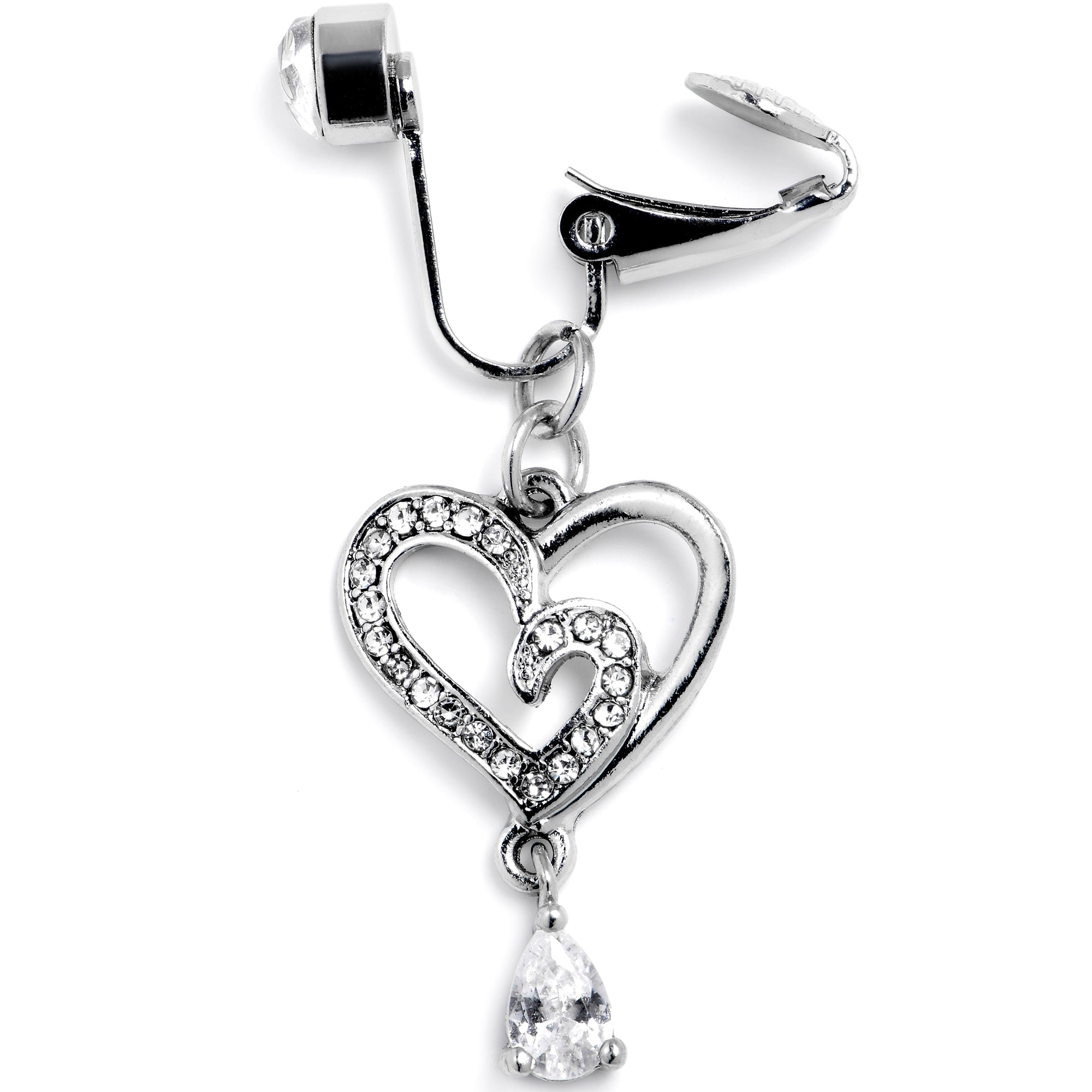 BodyCandy Clear CZ Gem Asymmetrical Heart Dangle Clip On Fake Belly Ring — detail close-up