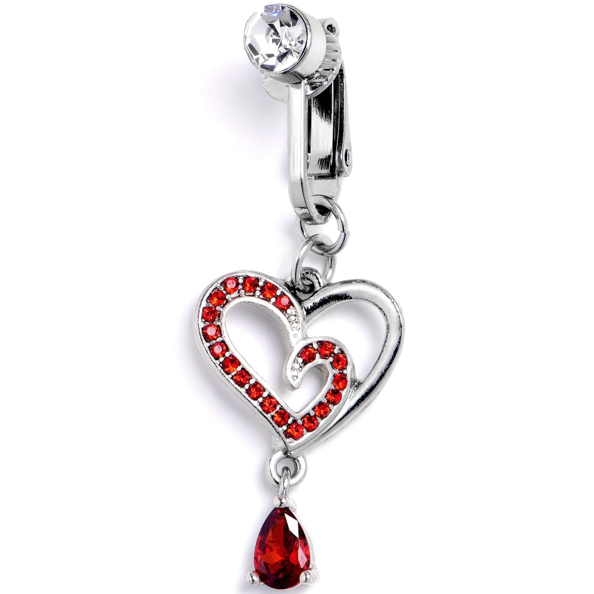 BodyCandy Red CZ Gem Asymmetrical Heart Dangle Clip On Fake Belly Ring — main product shot