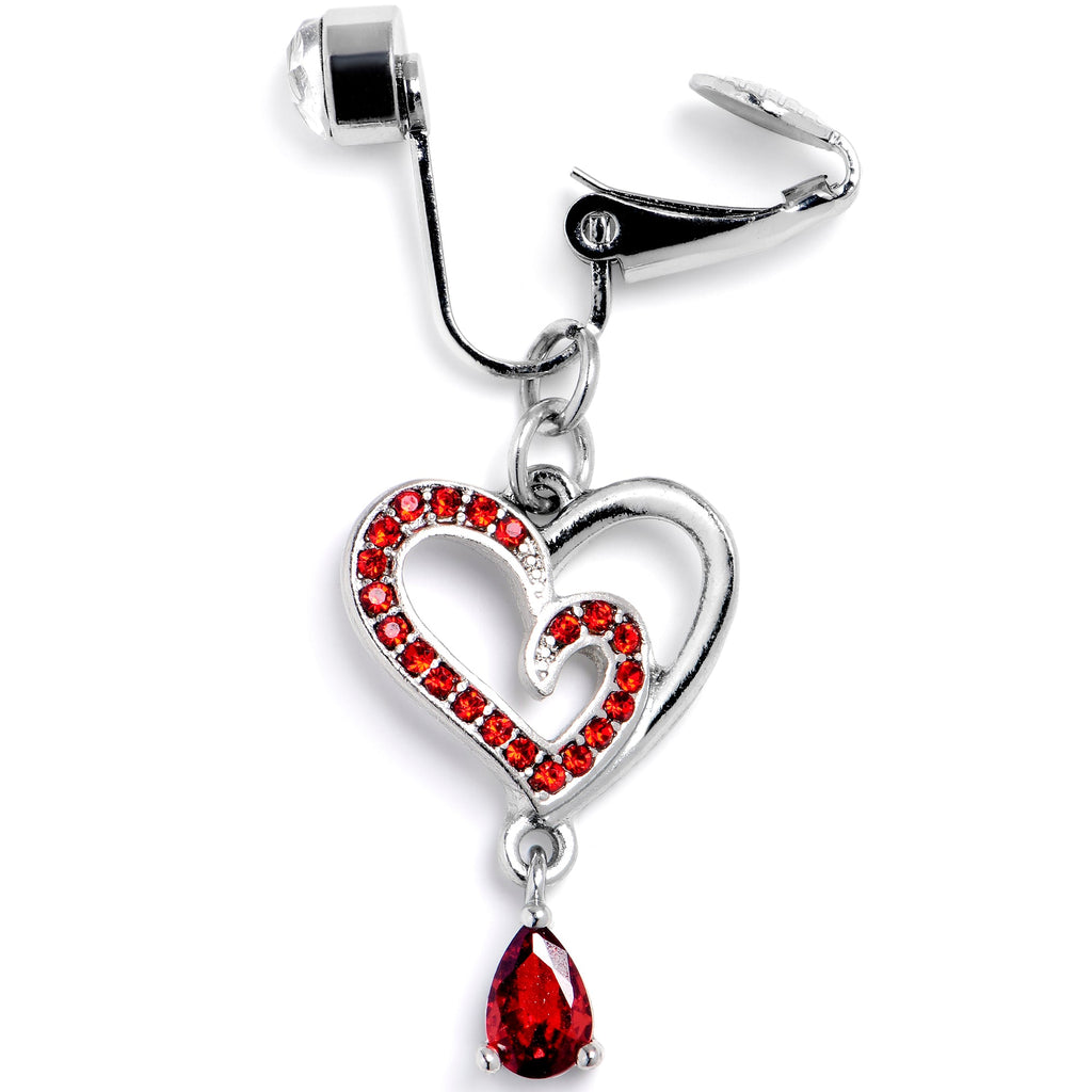 BodyCandy Red CZ Gem Asymmetrical Heart Dangle Clip On Fake Belly Ring — detail close-up
