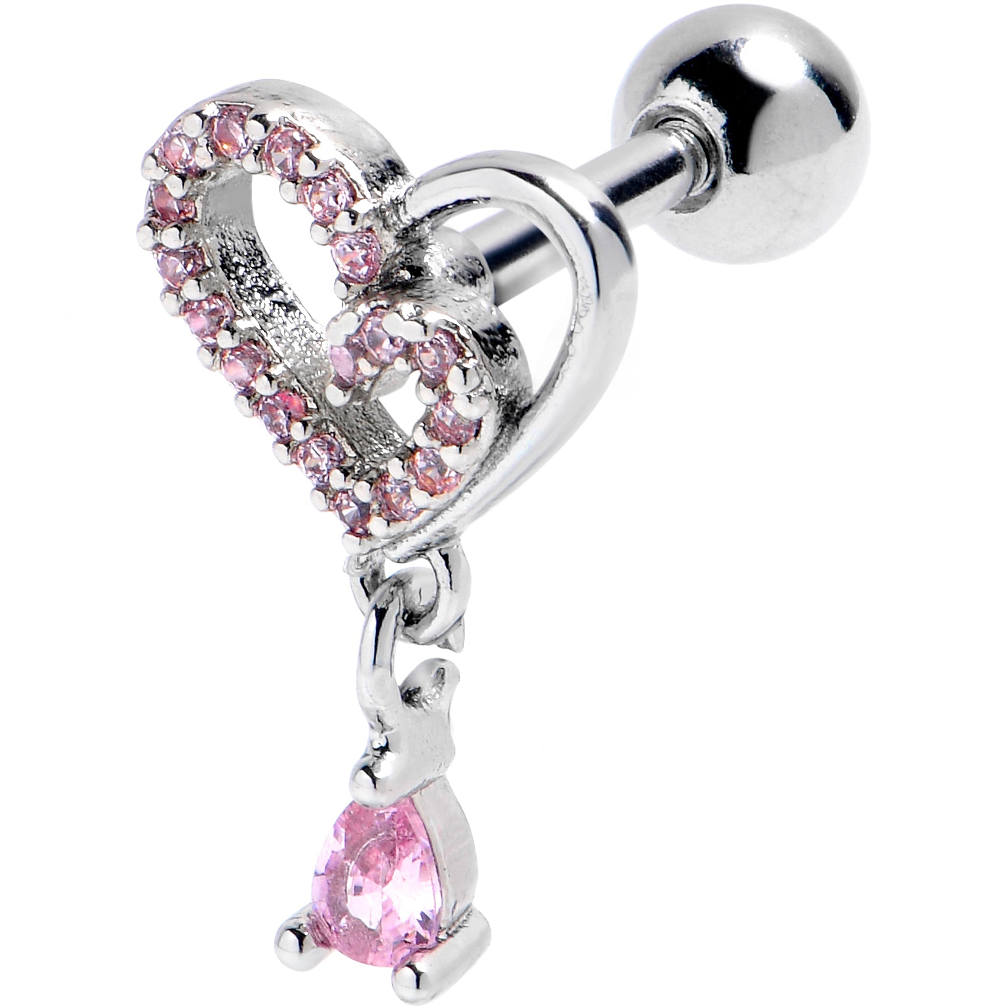 BodyCandy 16G 1/4 Pink CZ Gem Asymmetrical Heart Dangle Cartilage Earring — main product shot