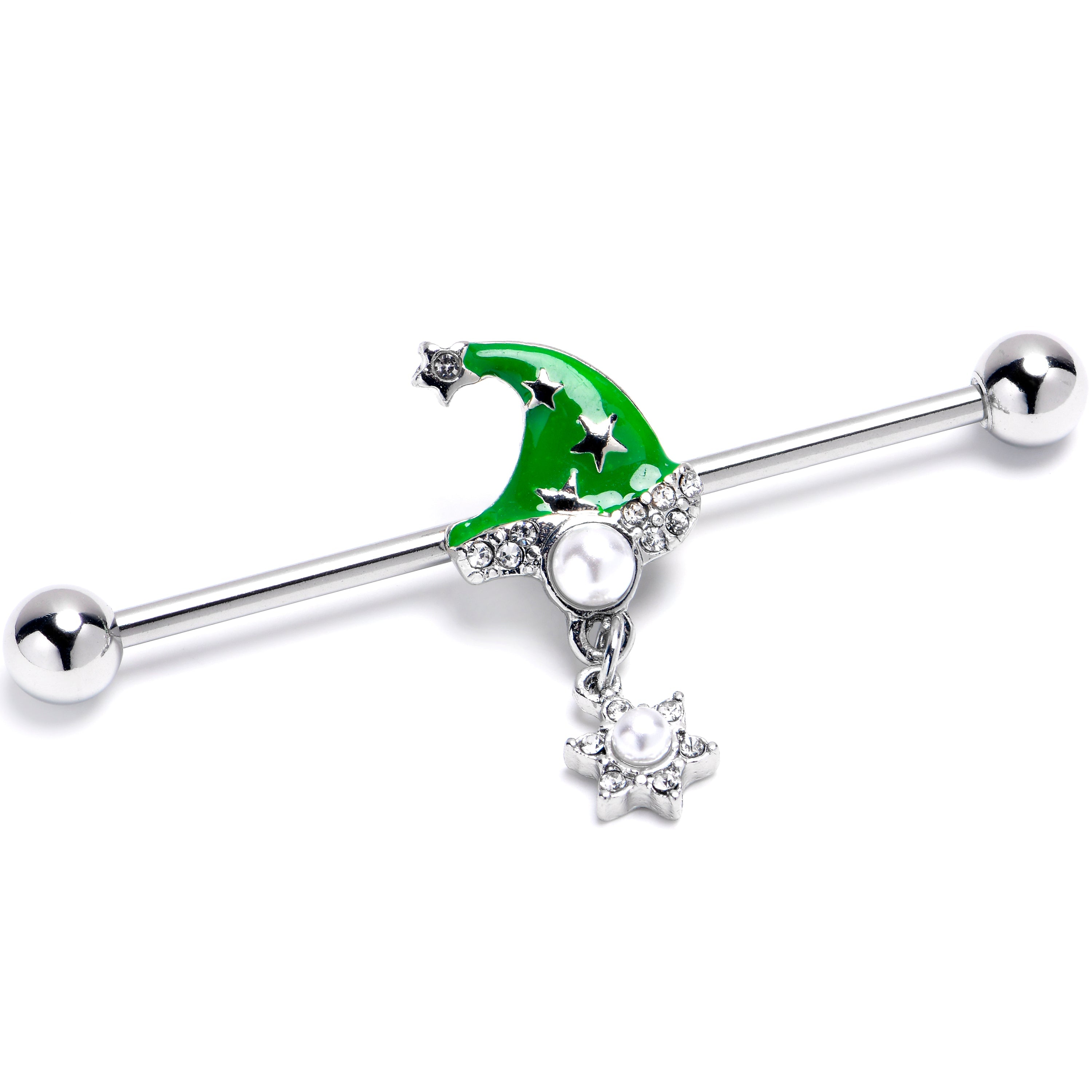 BodyCandy 14G Clear Gem Santa Hat Stars Green Dangle Industrial Barbell 38mm — main product shot