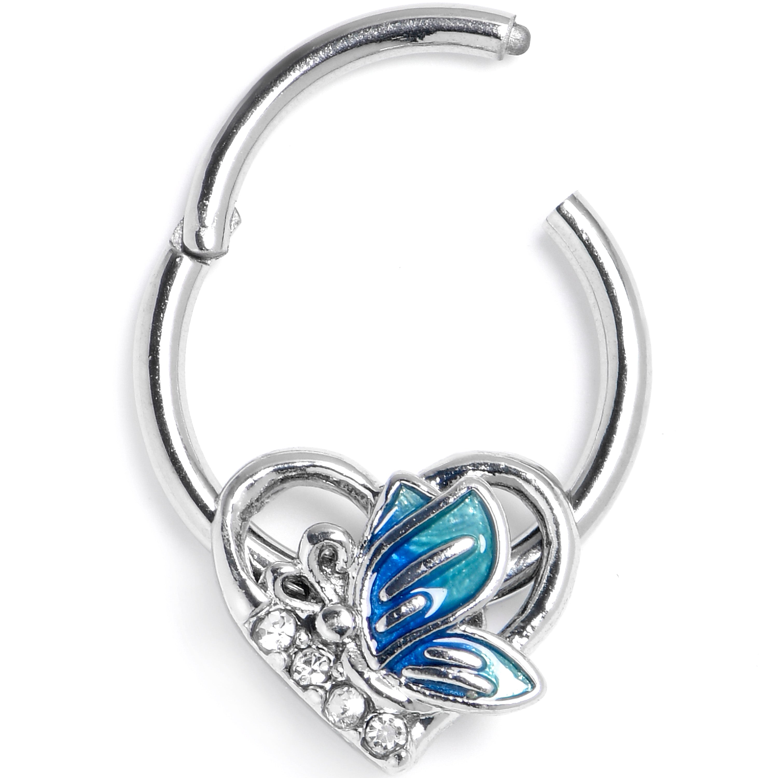 BodyCandy 16G 3/8 Clear Gem Butterfly Love Heart Blue Hinged Segment Ring — main product shot