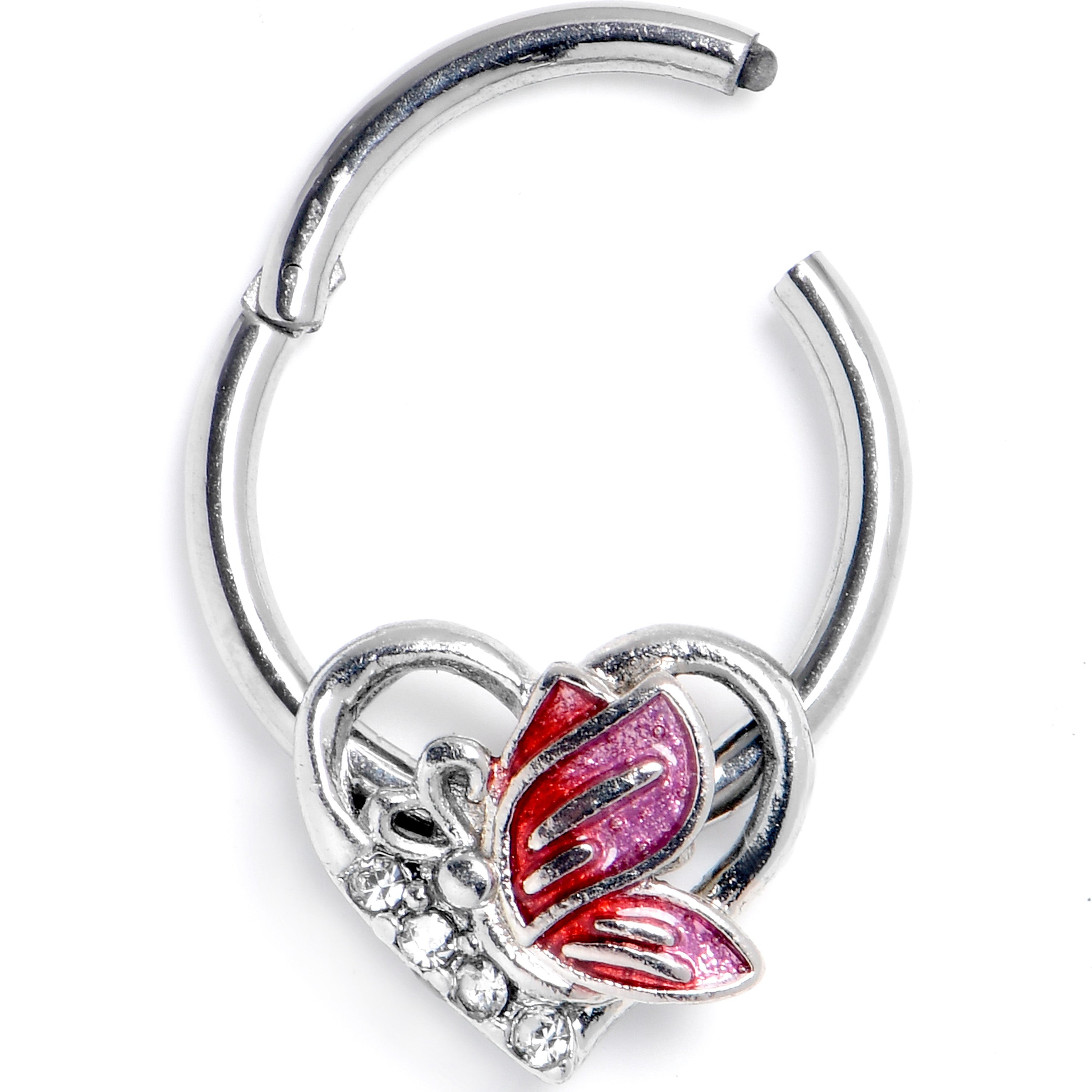 BodyCandy 16G 3/8 Clear Gem Butterfly Love Heart Pink Hinged Segment Ring — main product shot