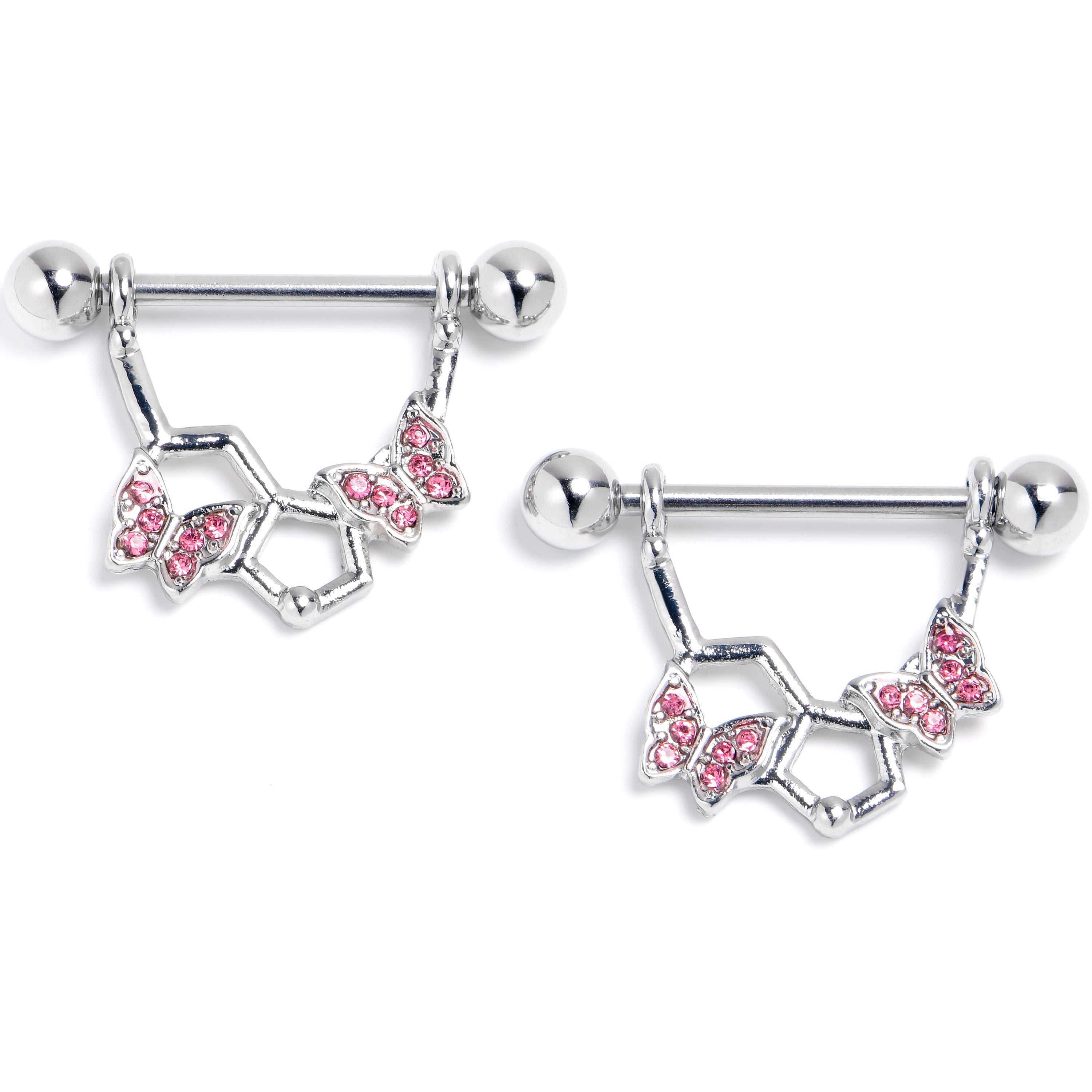 BodyCandy 14G 9/16 Pink Gem Hexagon Butterfly Dangle Nipple Ring Set — main product shot