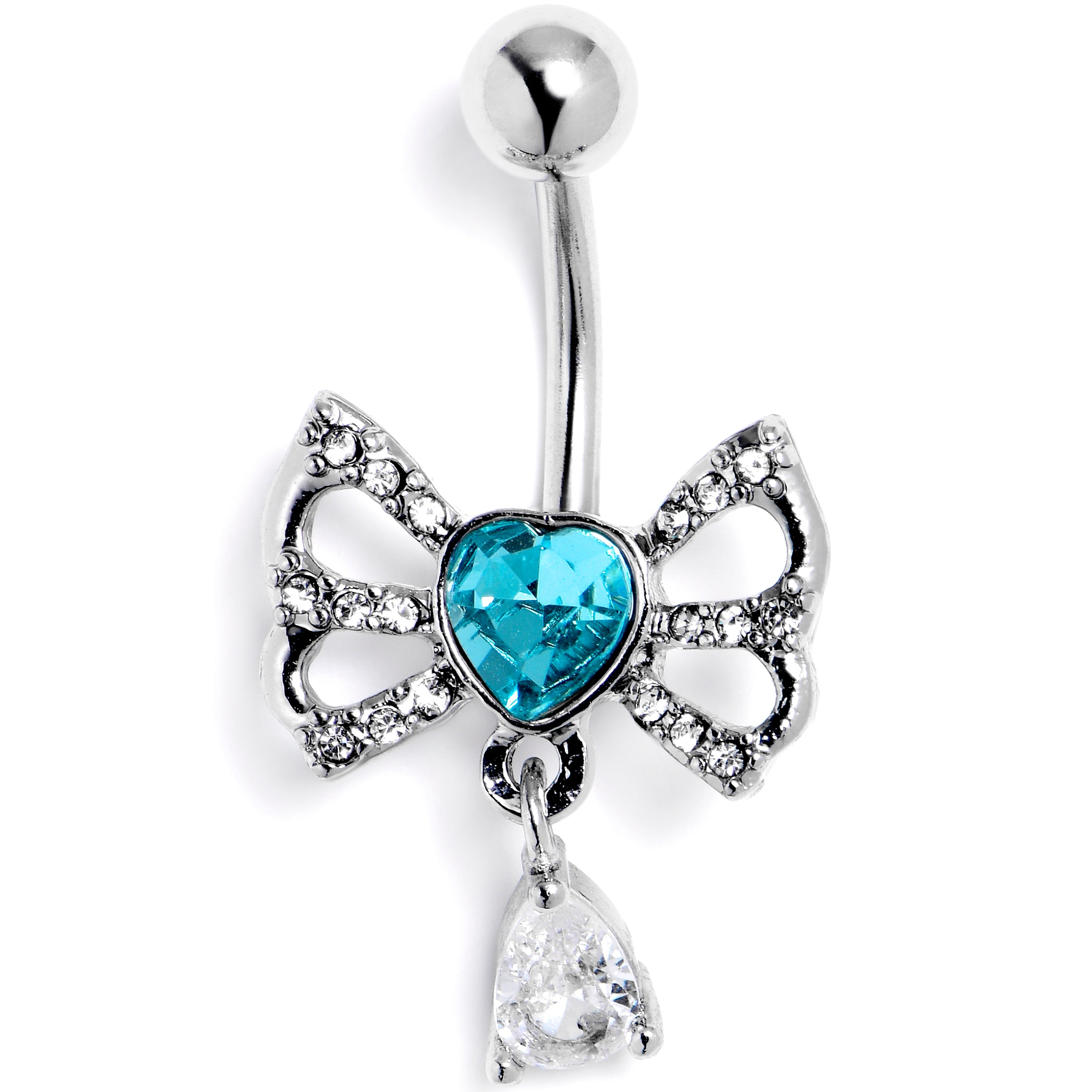 BodyCandy Clear Blue CZ Gem Heart In A Bow Dangle Belly Ring — main product shot