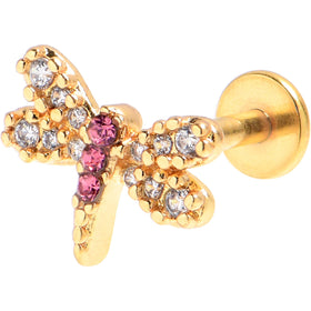 16G 5/16 Clear Pink Gem Gold Tone Dragonfly Drama Labret Tragus