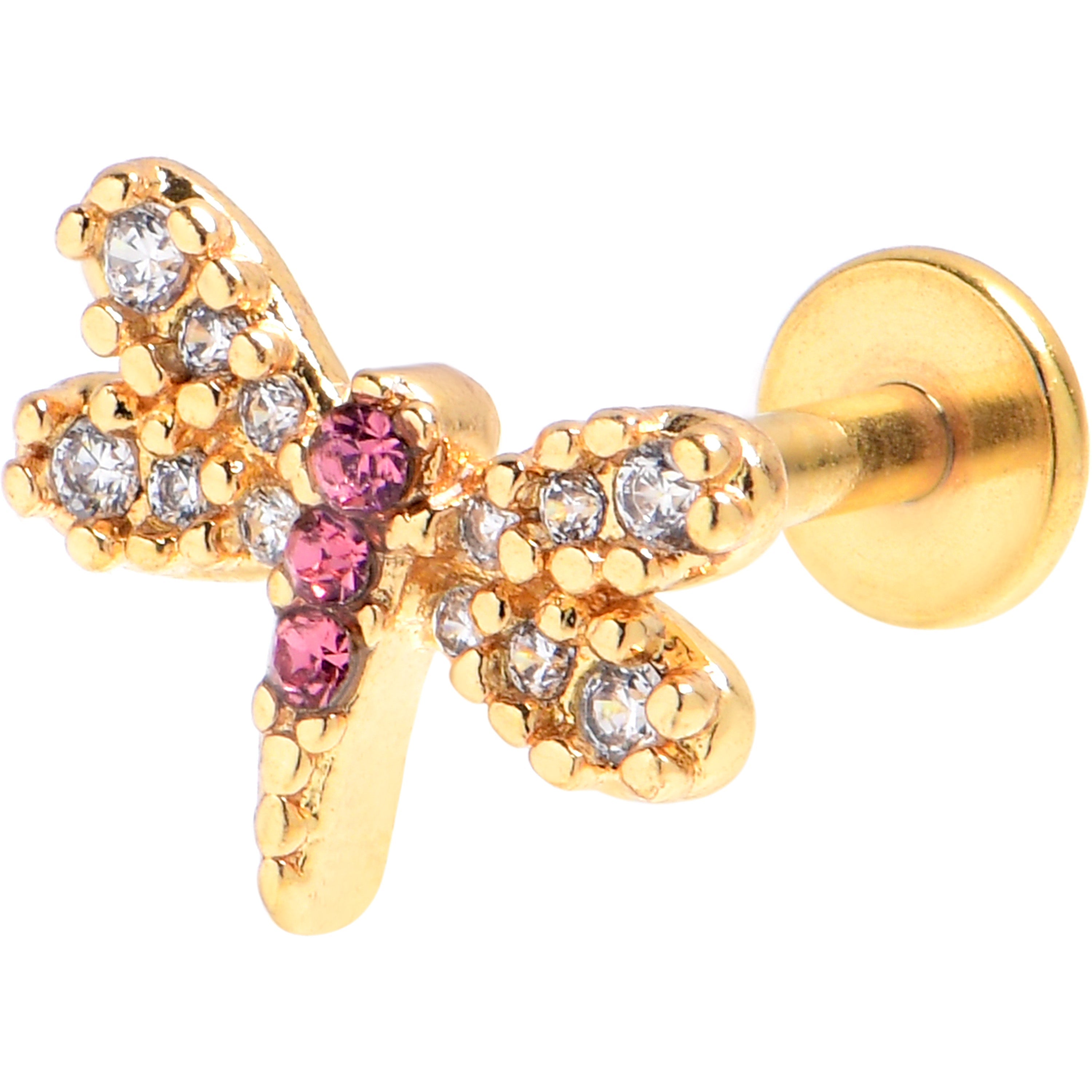 BodyCandy 16G 5/16 Clear Pink Gem Gold Tone Dragonfly Drama Labret Tragus — main product shot