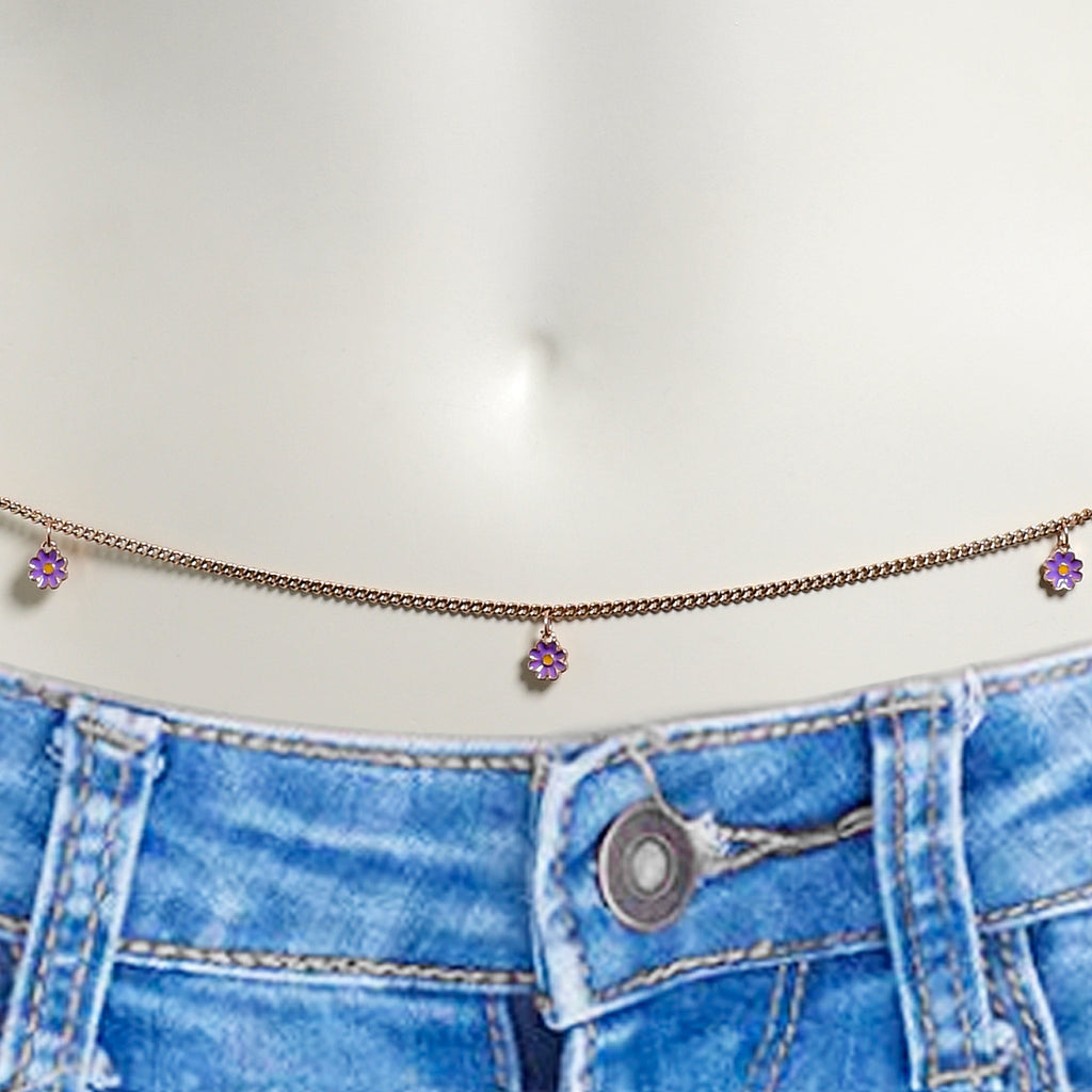 BodyCandy Purple Gem Rose Gold Tone Rounded Dangles Belly Chain — detail close-up