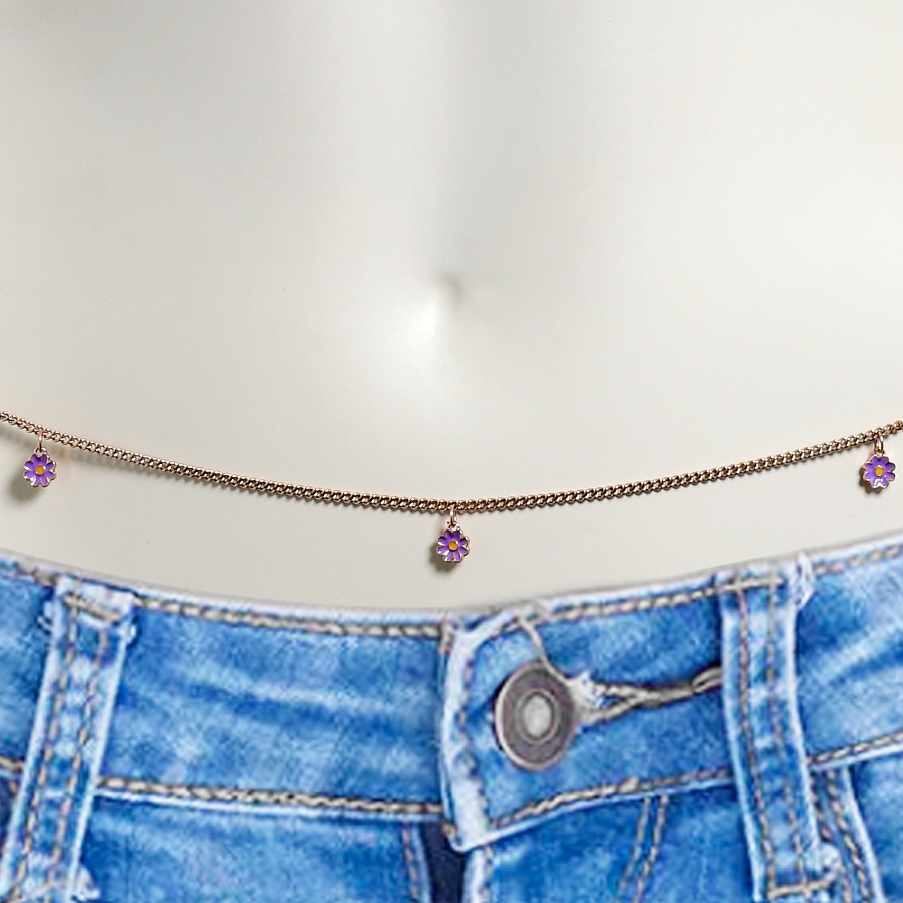 BodyCandy Purple Gem Rose Gold Tone Rounded Dangles Belly Chain — detail close-up