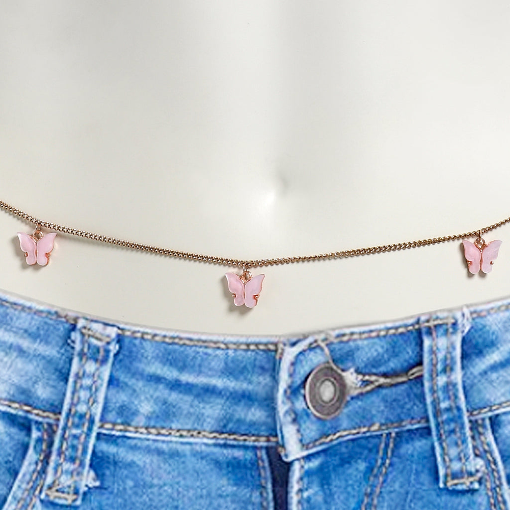 BodyCandy Rose Gold Tone Pink Butterfly Dangle Belly Chain — detail close-up