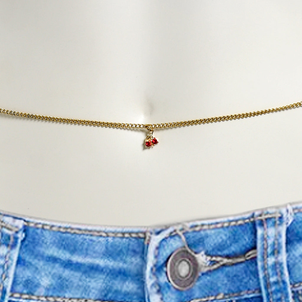 BodyCandy Red Gem Gold Tone Cherry Sweet Dangle Belly Chain — detail close-up