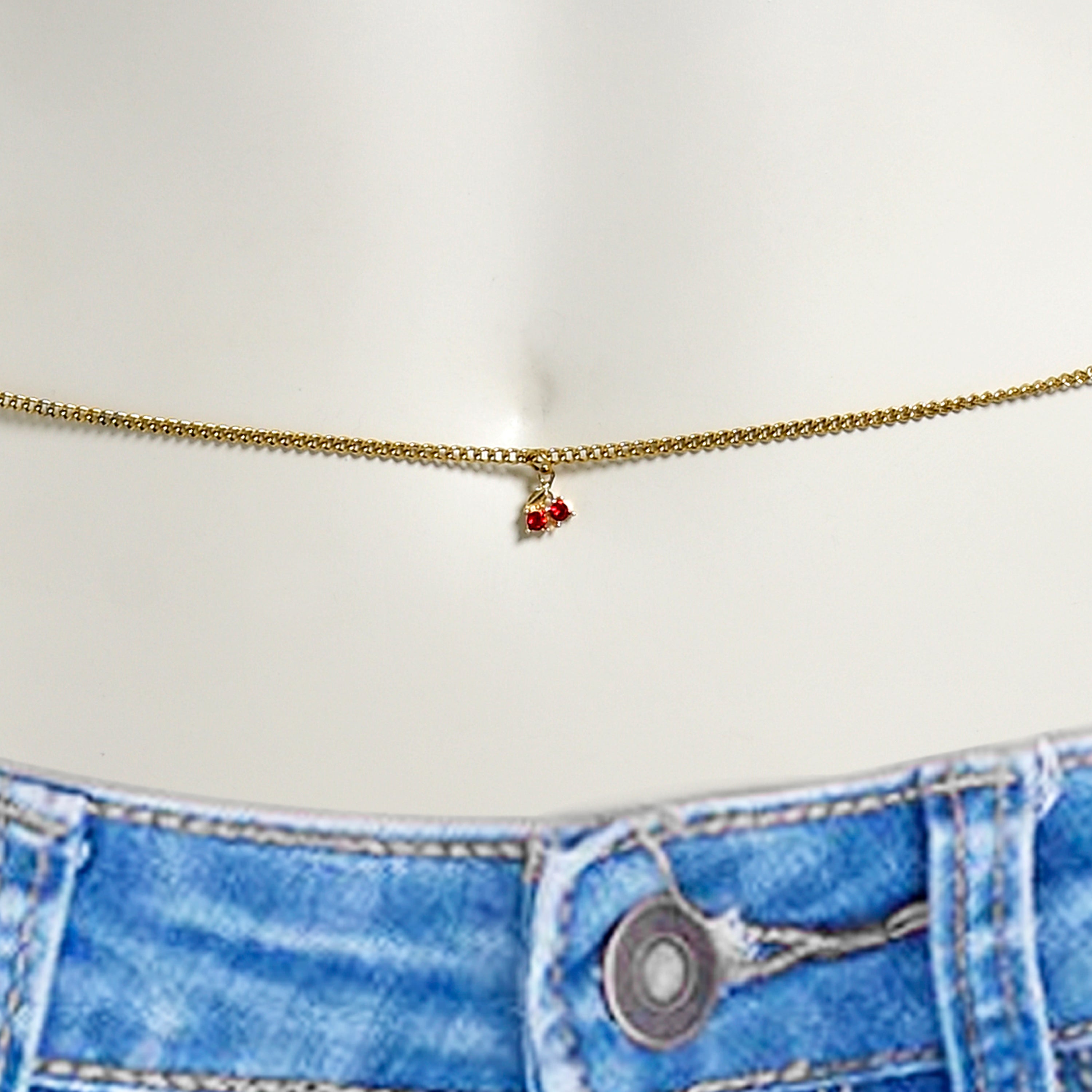 BodyCandy Red Gem Gold Tone Cherry Sweet Dangle Belly Chain — detail close-up
