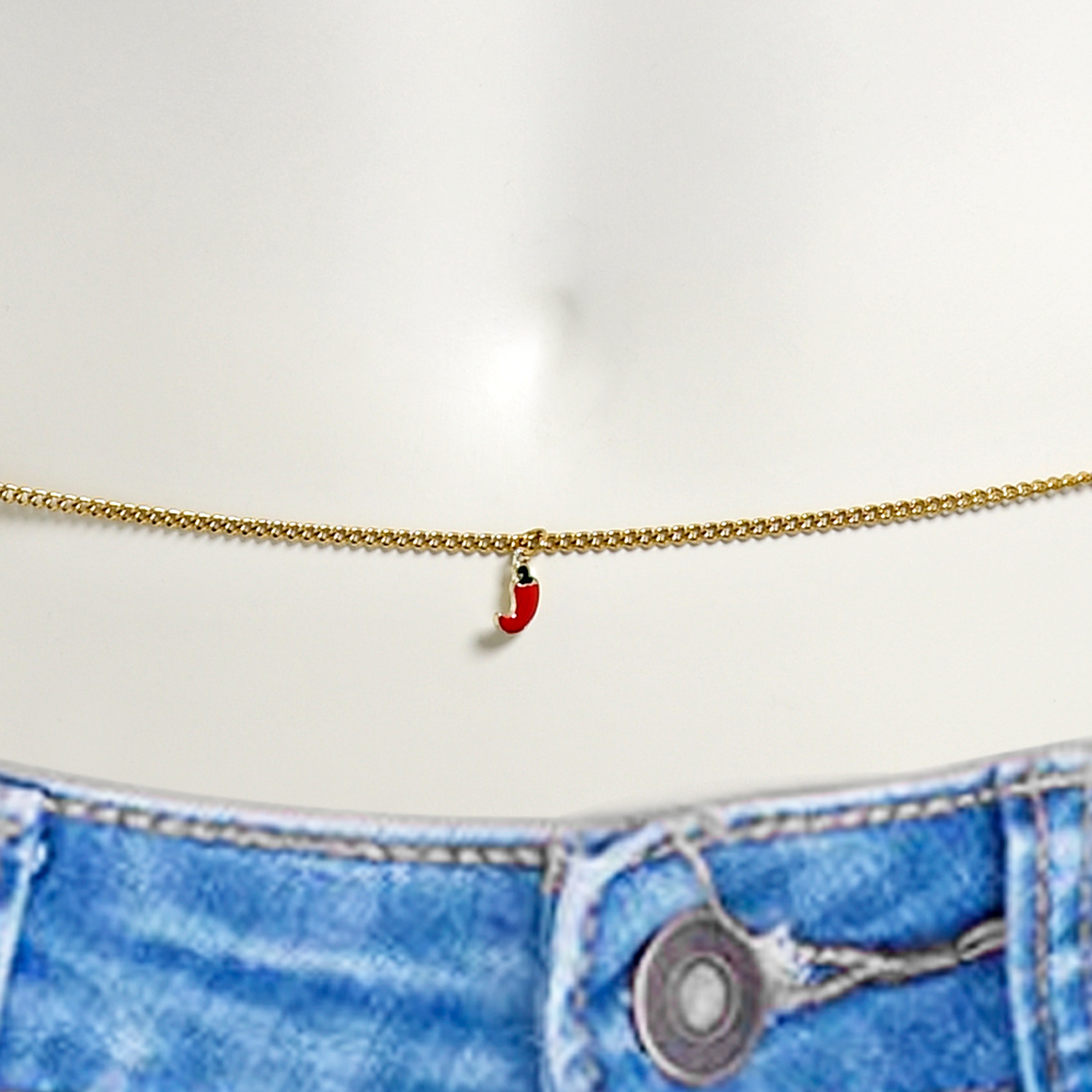 BodyCandy Red Gem Gold Tone Pure Style Dangle Belly Chain — detail close-up