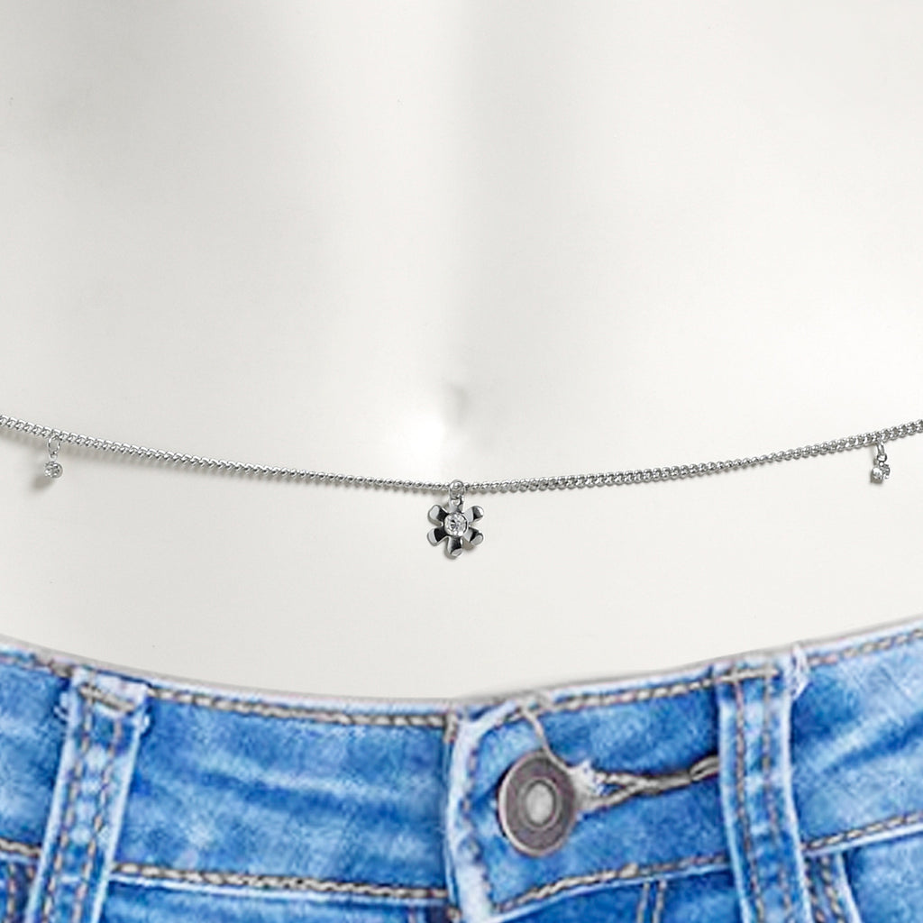 BodyCandy Clear Gem Flower Hippie Black Belly Chain — detail close-up