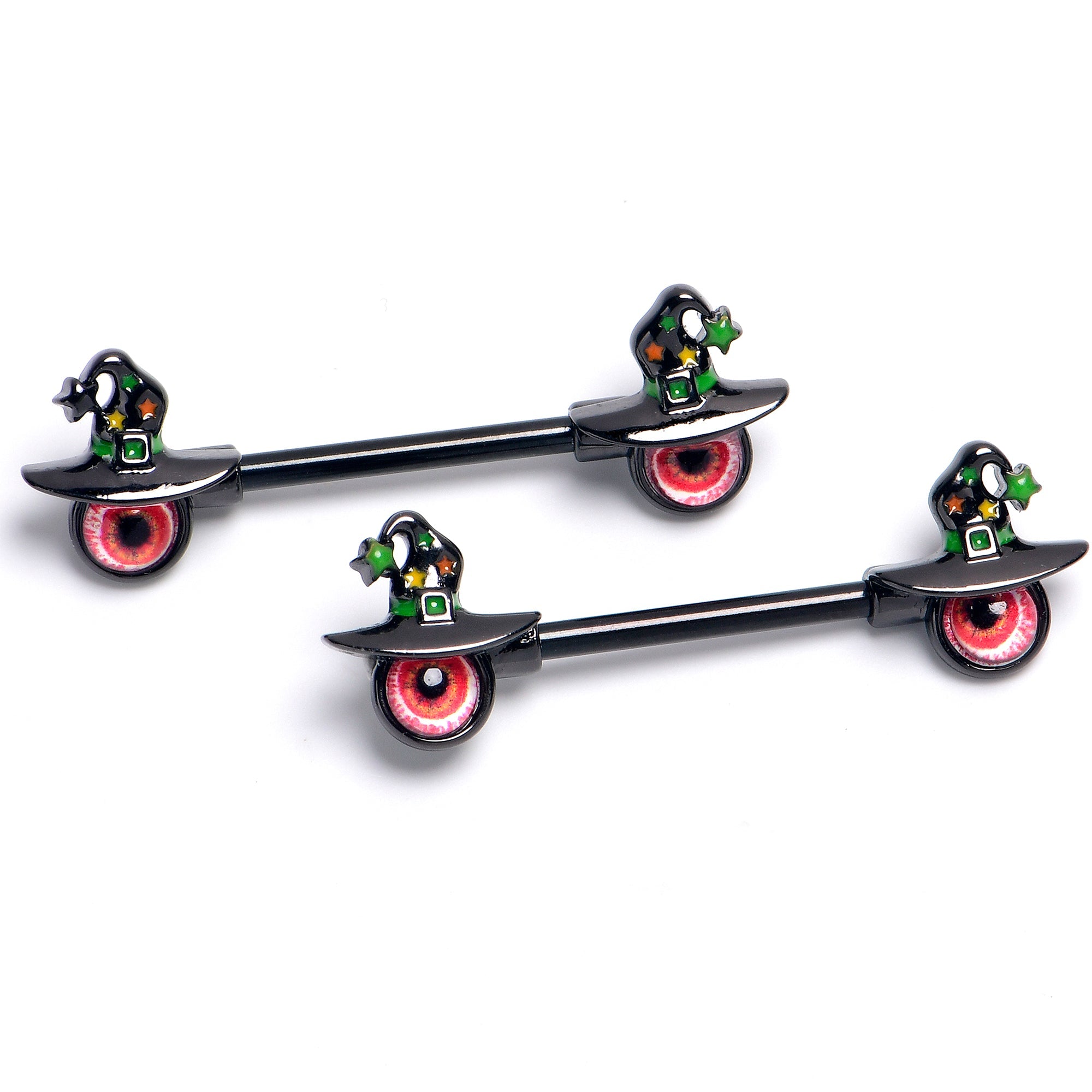 BodyCandy 14 Guage 9/16 Black Red Eye Witch Hat Dangle Barbell Nipple Ring Set — main product shot