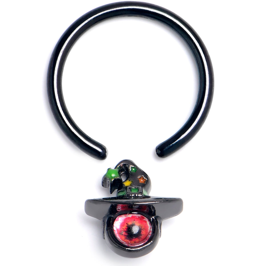 BodyCandy 16G 3/8 Black Red Eye Witch Hat Captive Ring — detail close-up
