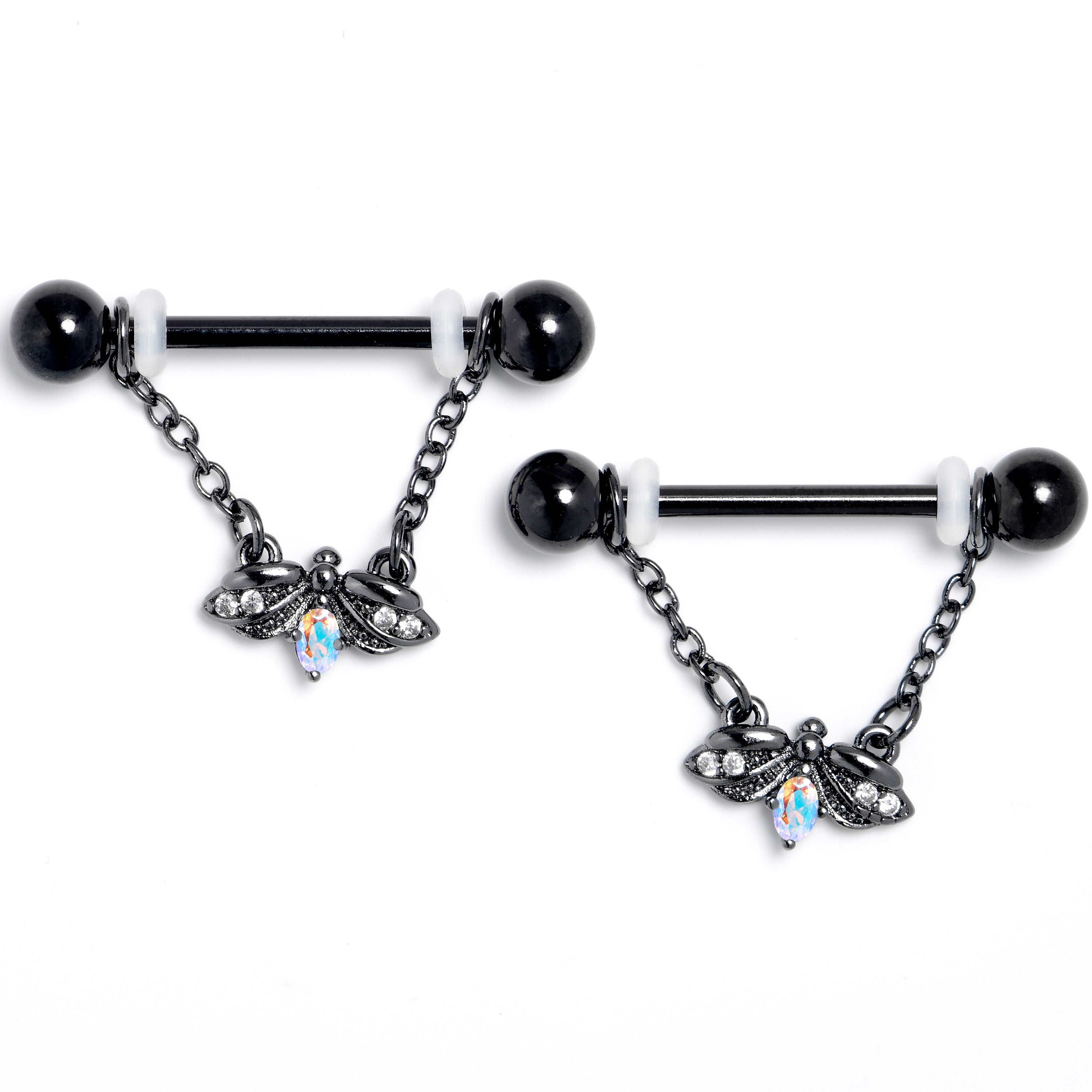 BodyCandy 14G 9/16 Aurora Gem Black Gothic Butterfly Dangle Nipple Ring Set — main product shot