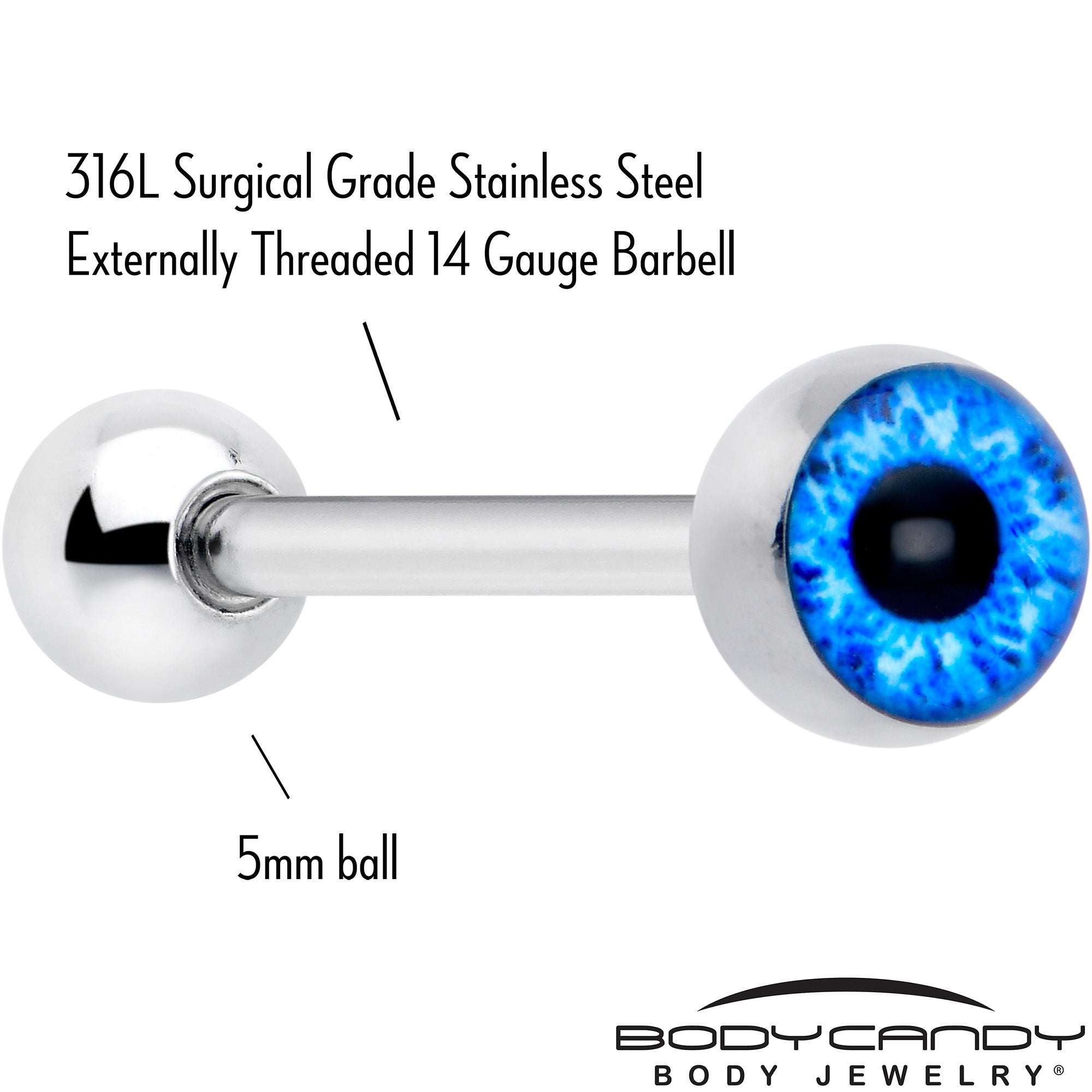BodyCandy Open Blue Eye Barbell Tongue Ring — detail close-up
