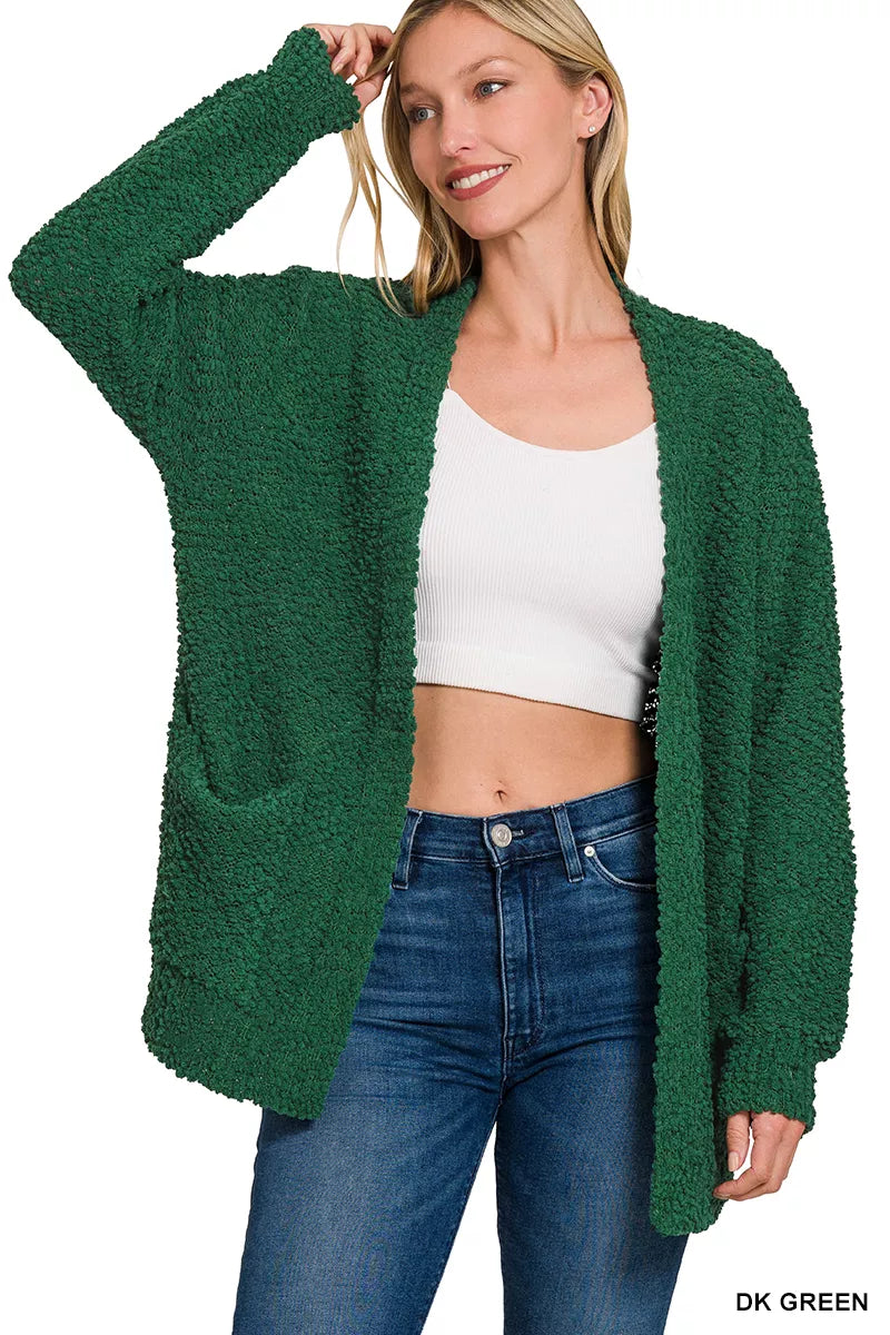 Zenana Long Sleeve Popcorn Sweater Cardigan with Pockets