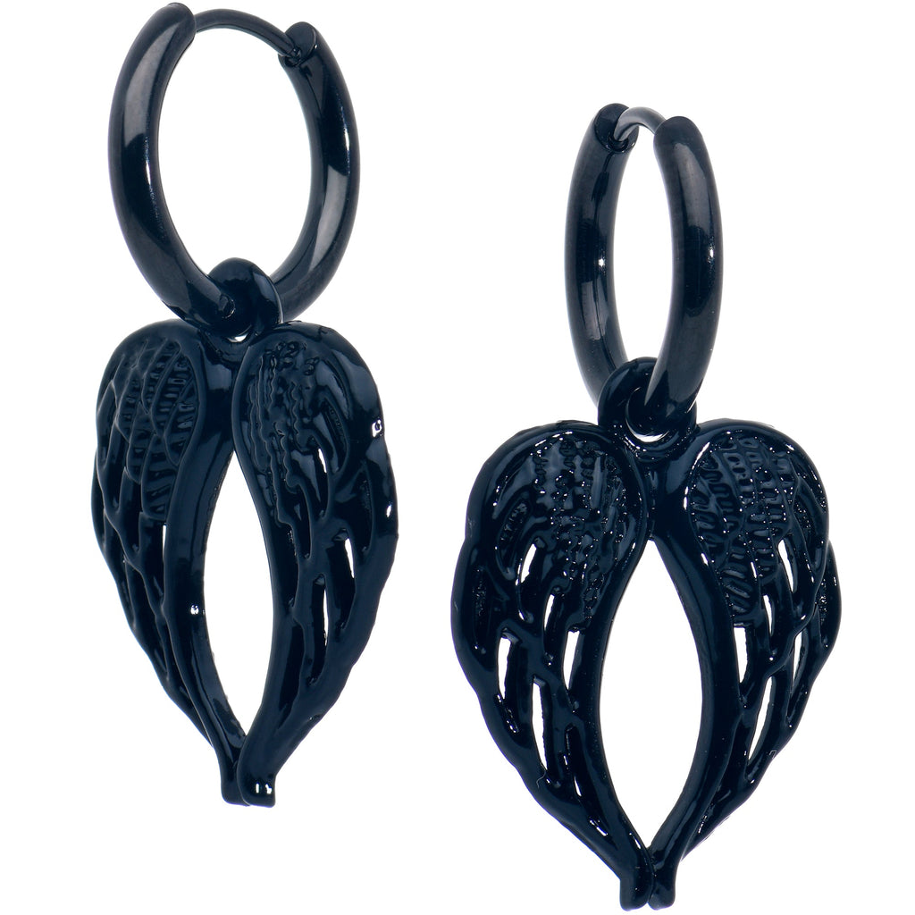 BodyCandy Black Anodized Steel Hinged Huggie Hoop Angel Wings Dangle Earrings — main product shot